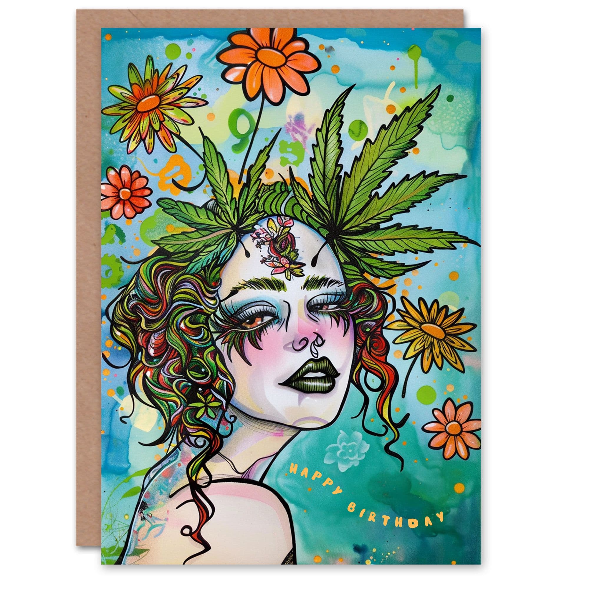 Birthday Card Fairy Rave Hippie Floral Portrait Her Gran Sister Niece Daughter Wife Greeting Card