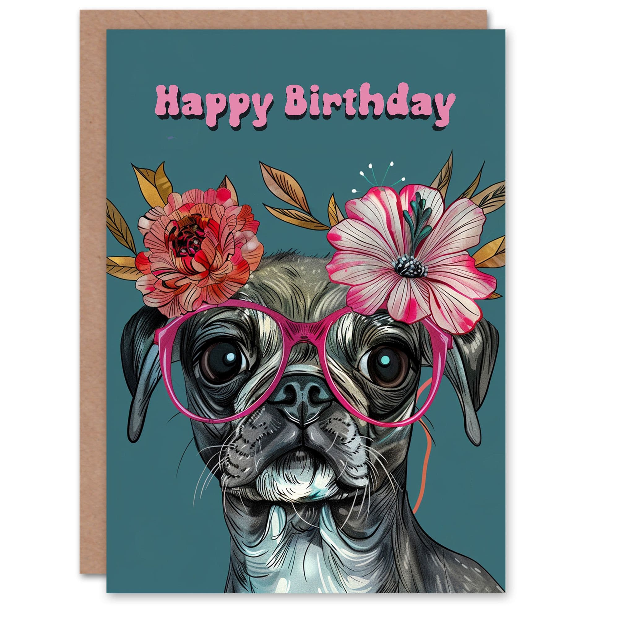 Birthday Card Floral Chihuahua Pug Dog Lover Glasses For Her Gran Sister Niece Daughter Wife Greeting Card