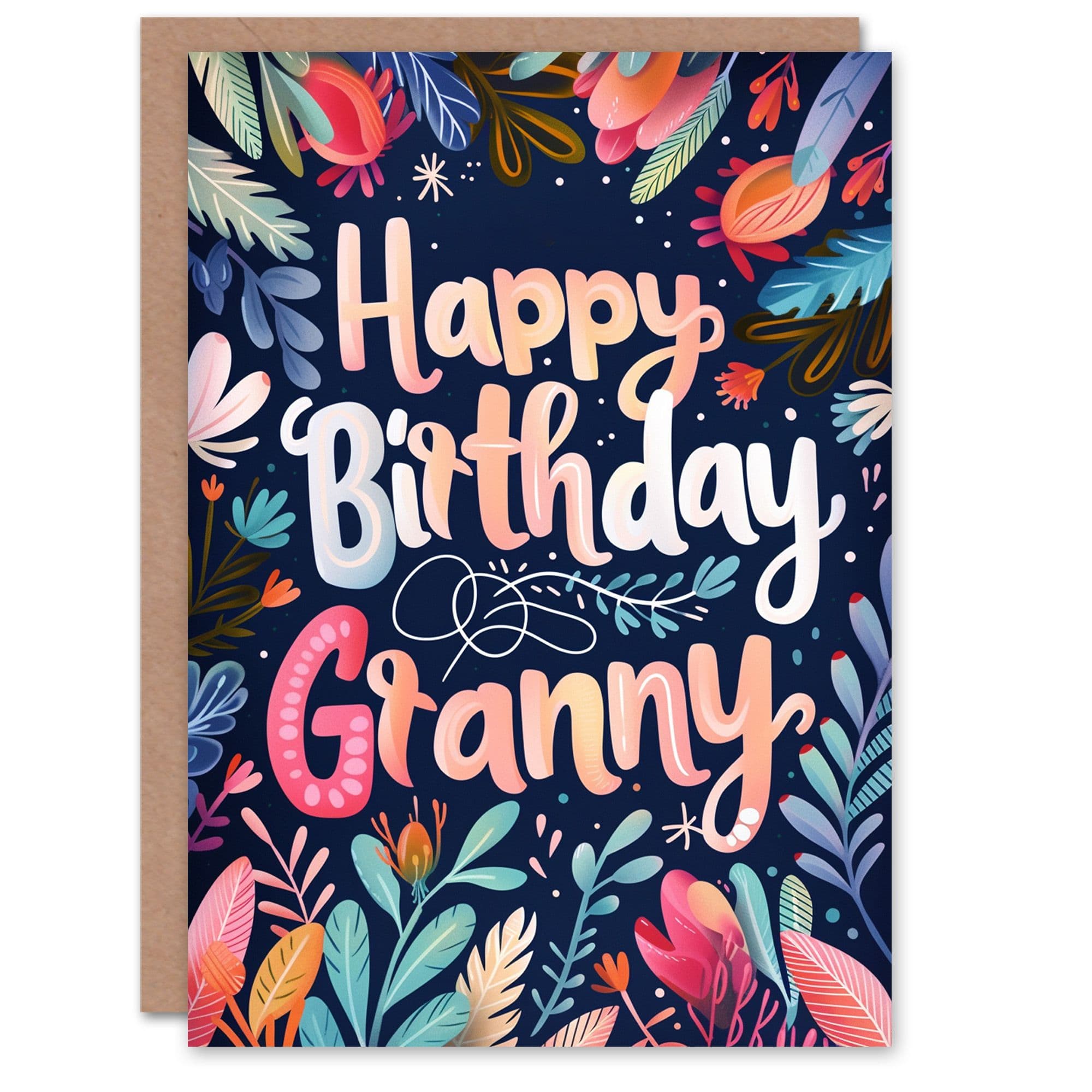 Birthday Card Botanical Design Colourful Plants Grandma Gran Granny Nan Nanna Greeting Card