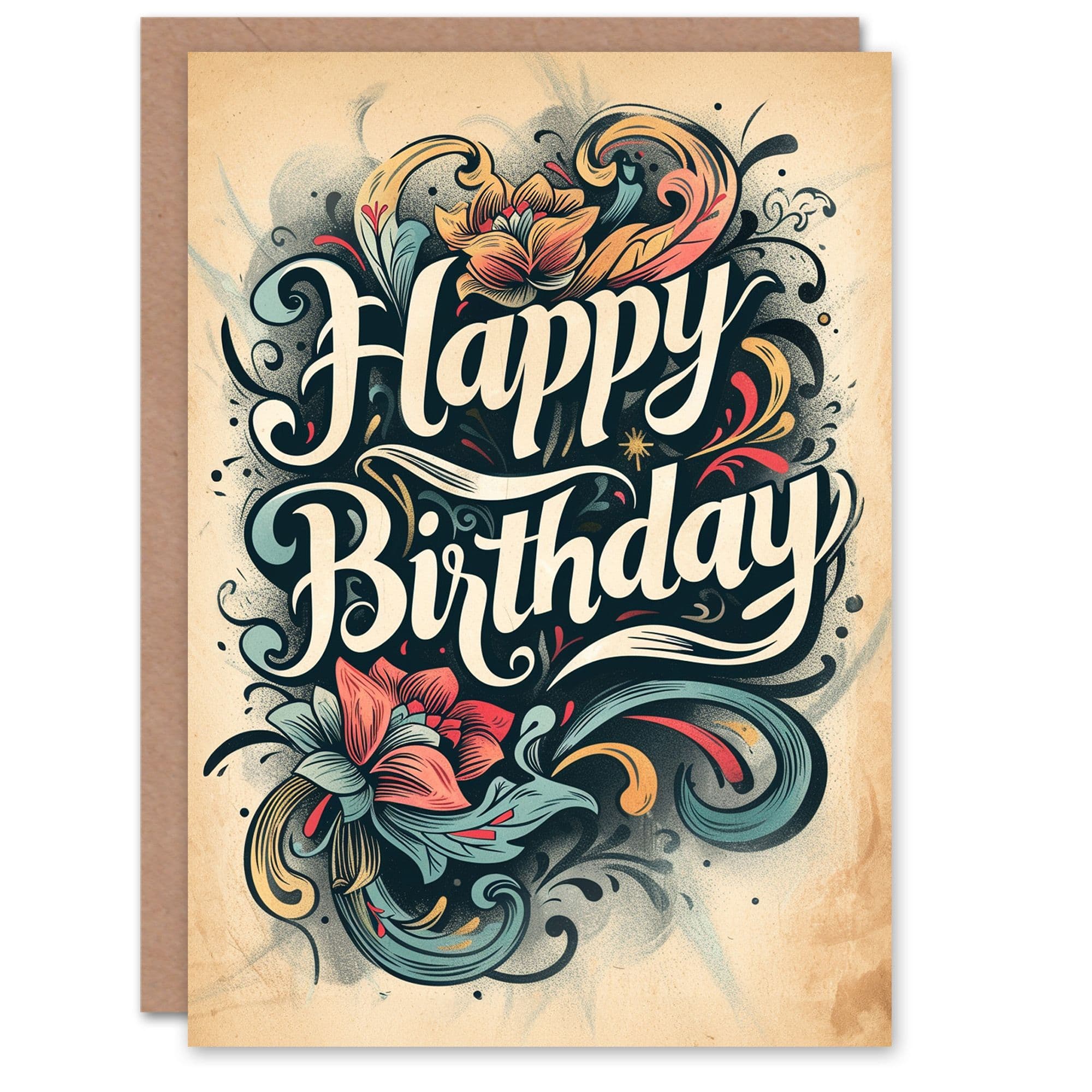 Birthday Card Floral Tattoo Style Flowers Her Gran Sister Niece Daughter Wife Greeting Card