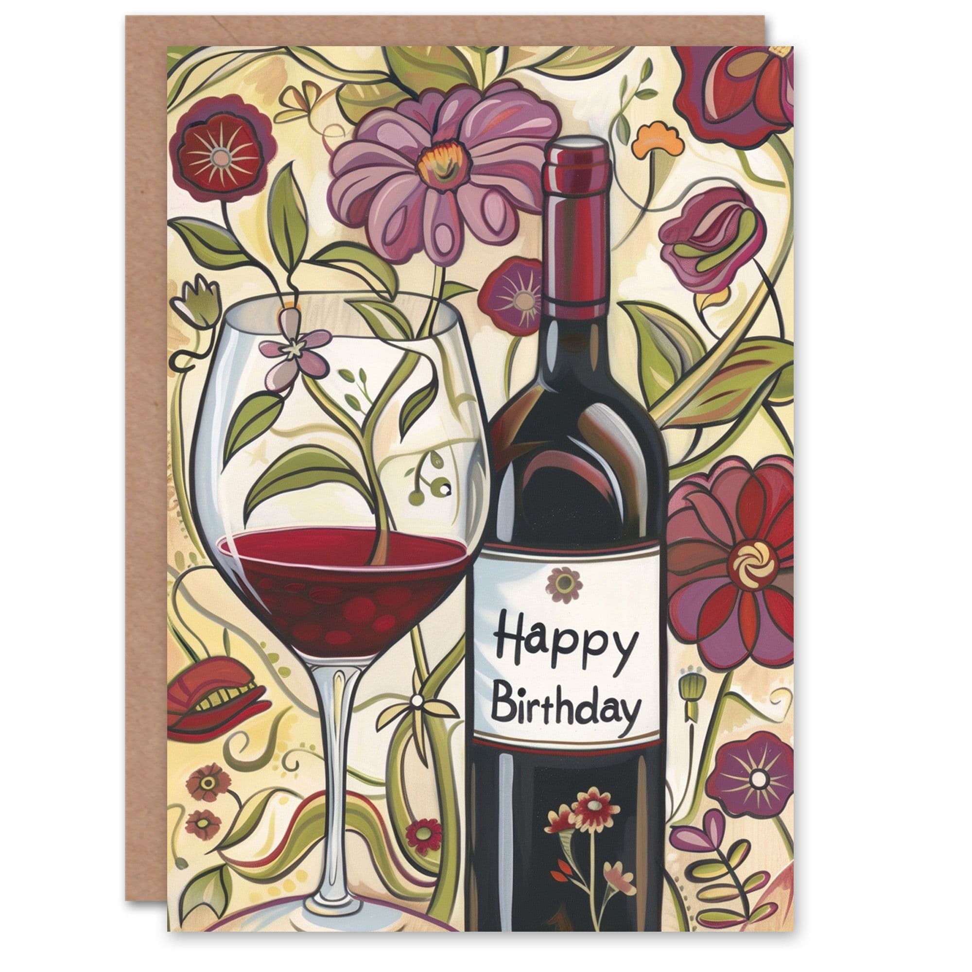 Birthday Card Wine Bottle Glass Floral Design Him Her Man Woman Greeting Card