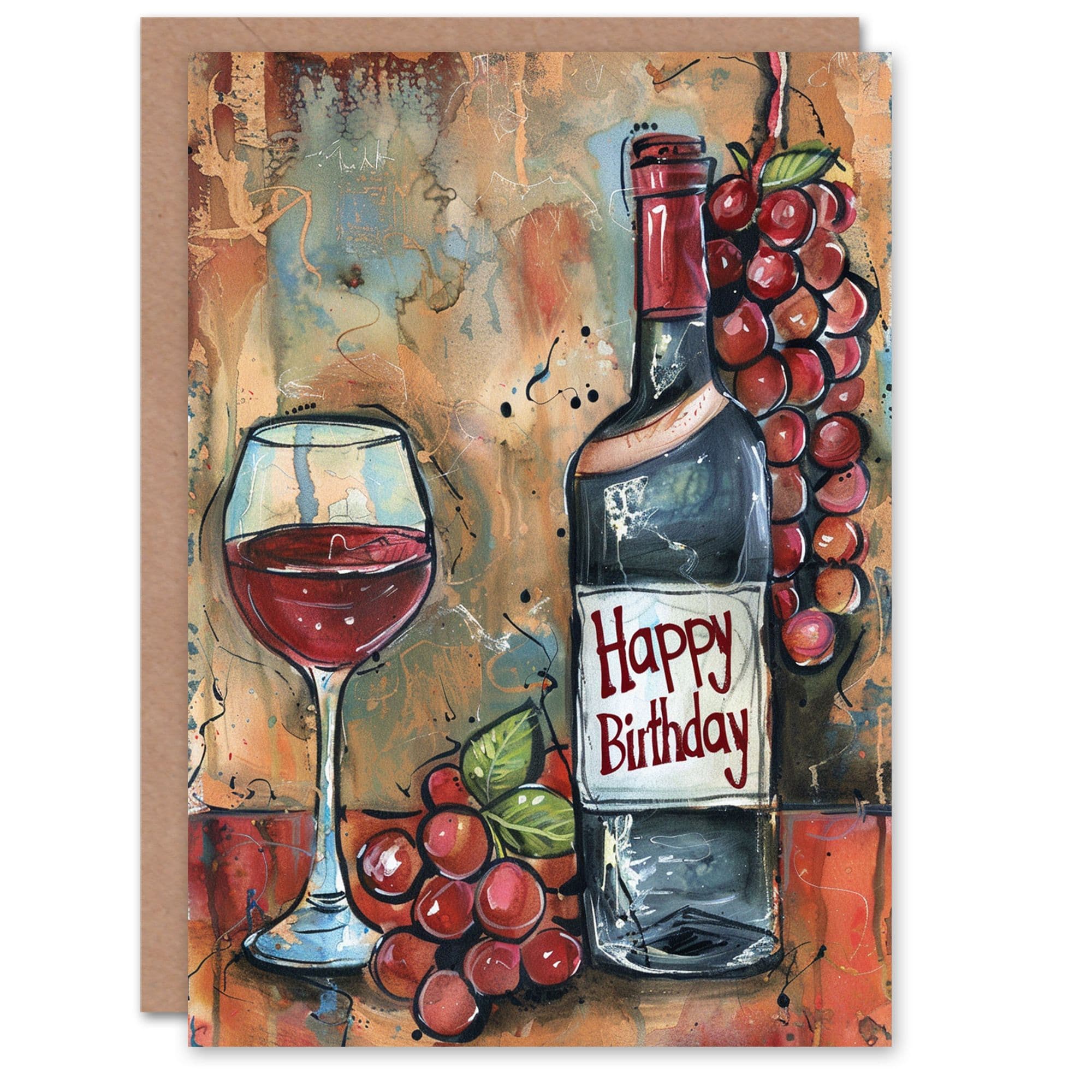 Artery8 Birthday Card Red Wine Bottle Glass and Grapes Painting For Him Her Man Woman Greeting Card