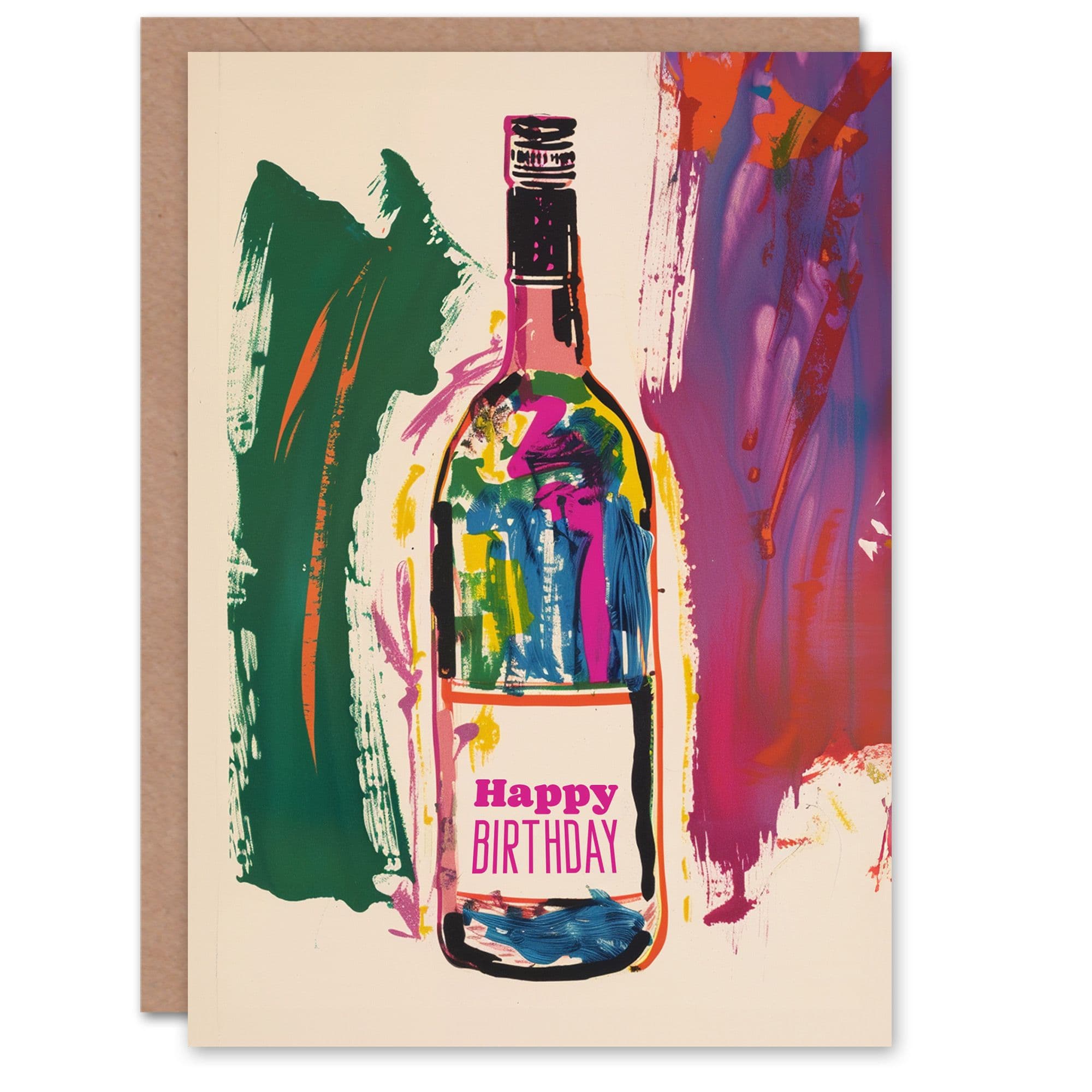 Artery8 Birthday Card Colourful Abstract Wine Cider Bottle For Him Her Man Woman Greeting Card