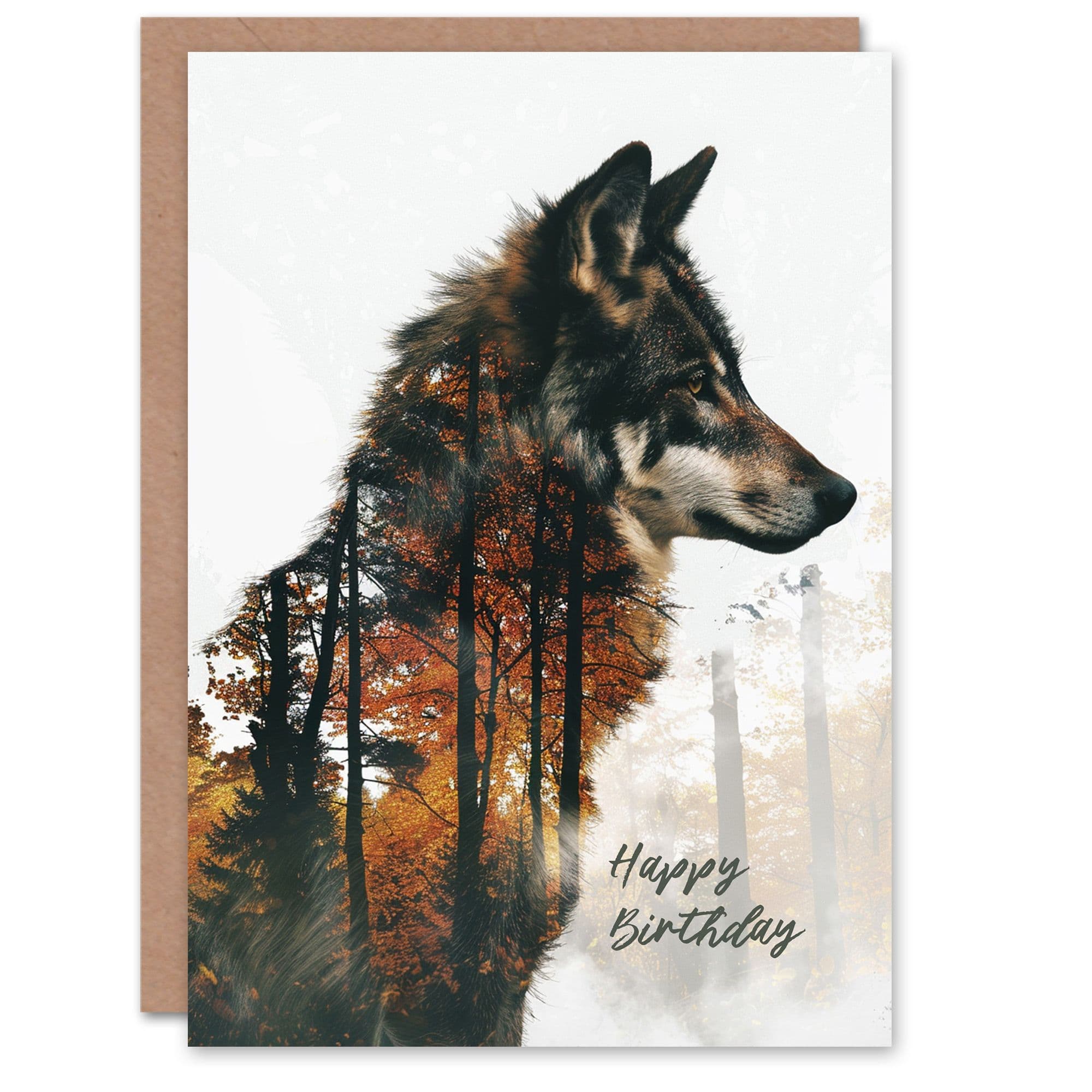 Birthday Card Wolf Autumn Forest Trees Double Exposure Him Dad Brother Son Papa Grandad Greeting Card