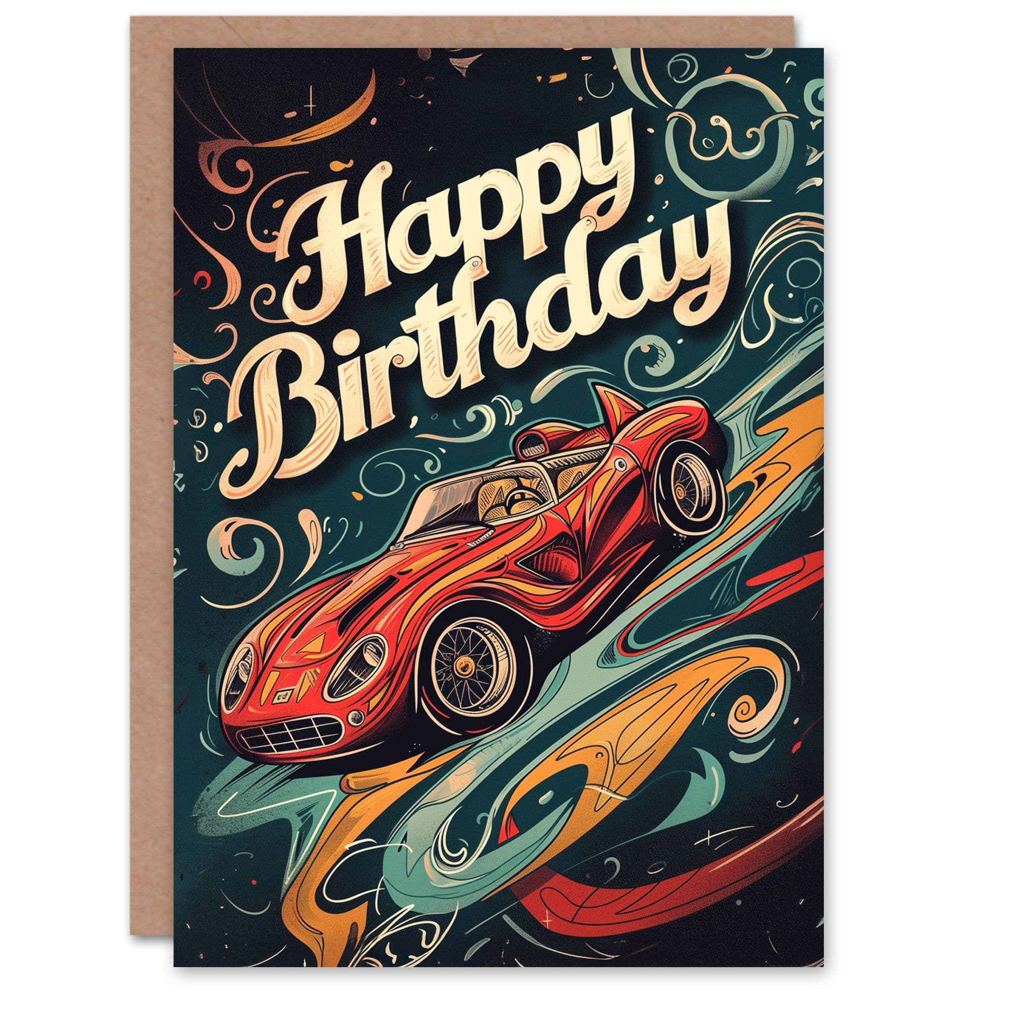 Artery8 Birthday Card Sports Car Lover Red Blue Yellow Design For Him Dad Brother Son Papa Grandad Greeting Card