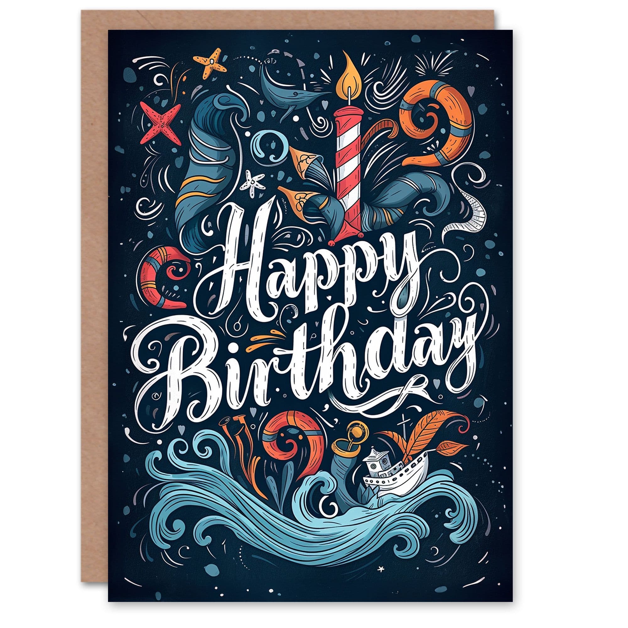 Birthday Card Surreal Nautical Boat Waves Candle Him Dad Brother Son Papa Grandad Greeting Card