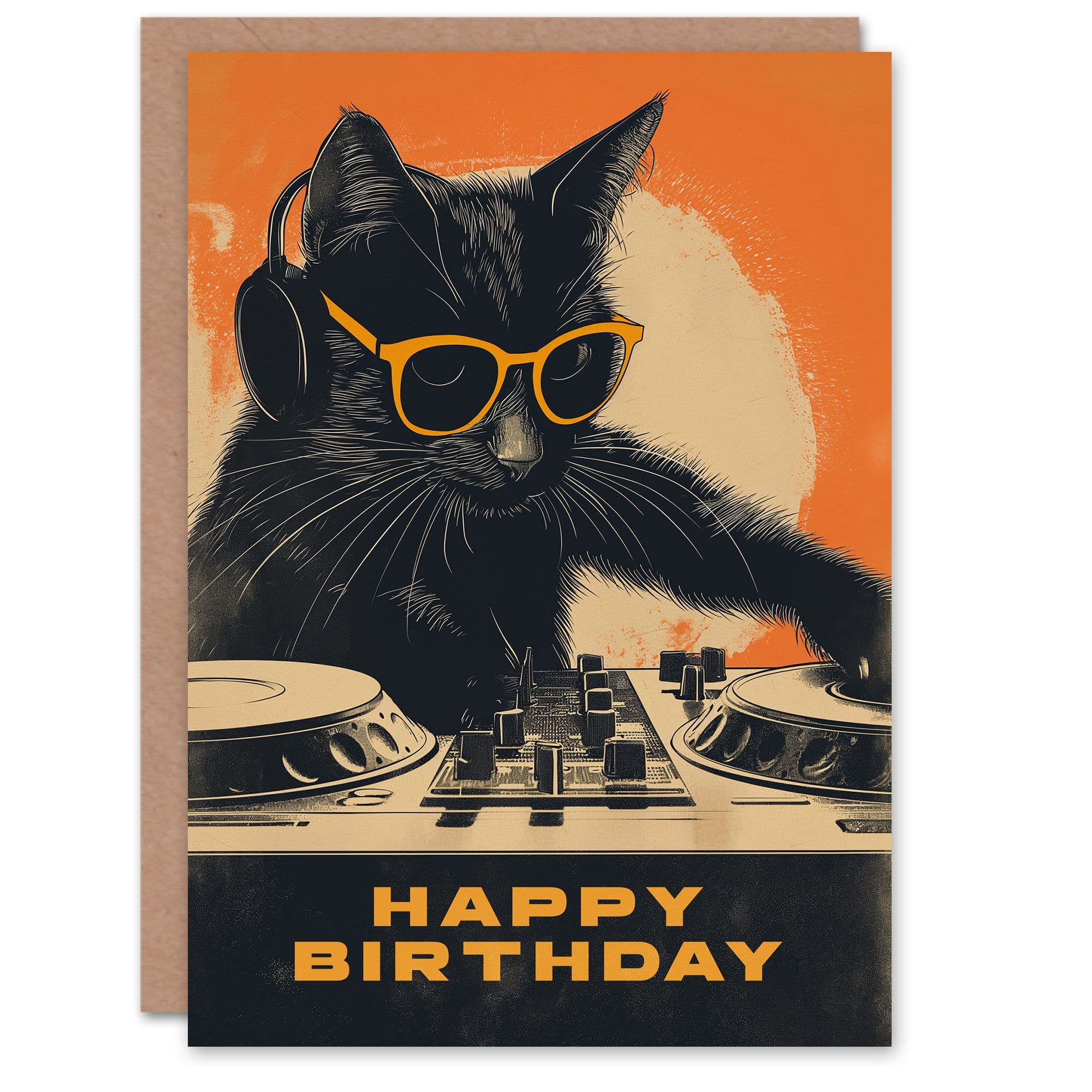 Artery8 Birthday Card DJ Decks Black Cat Lover Sunglasses For Him Dad Brother Son Papa Grandad Greeting Card