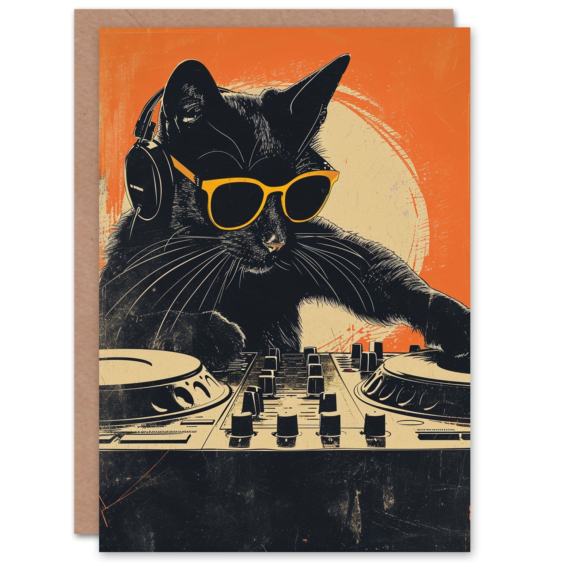Artery8 Birthday Card DJ Black Cat with Sunglasses on Decks For Him Dad Brother Son Papa Grandad Greeting Card