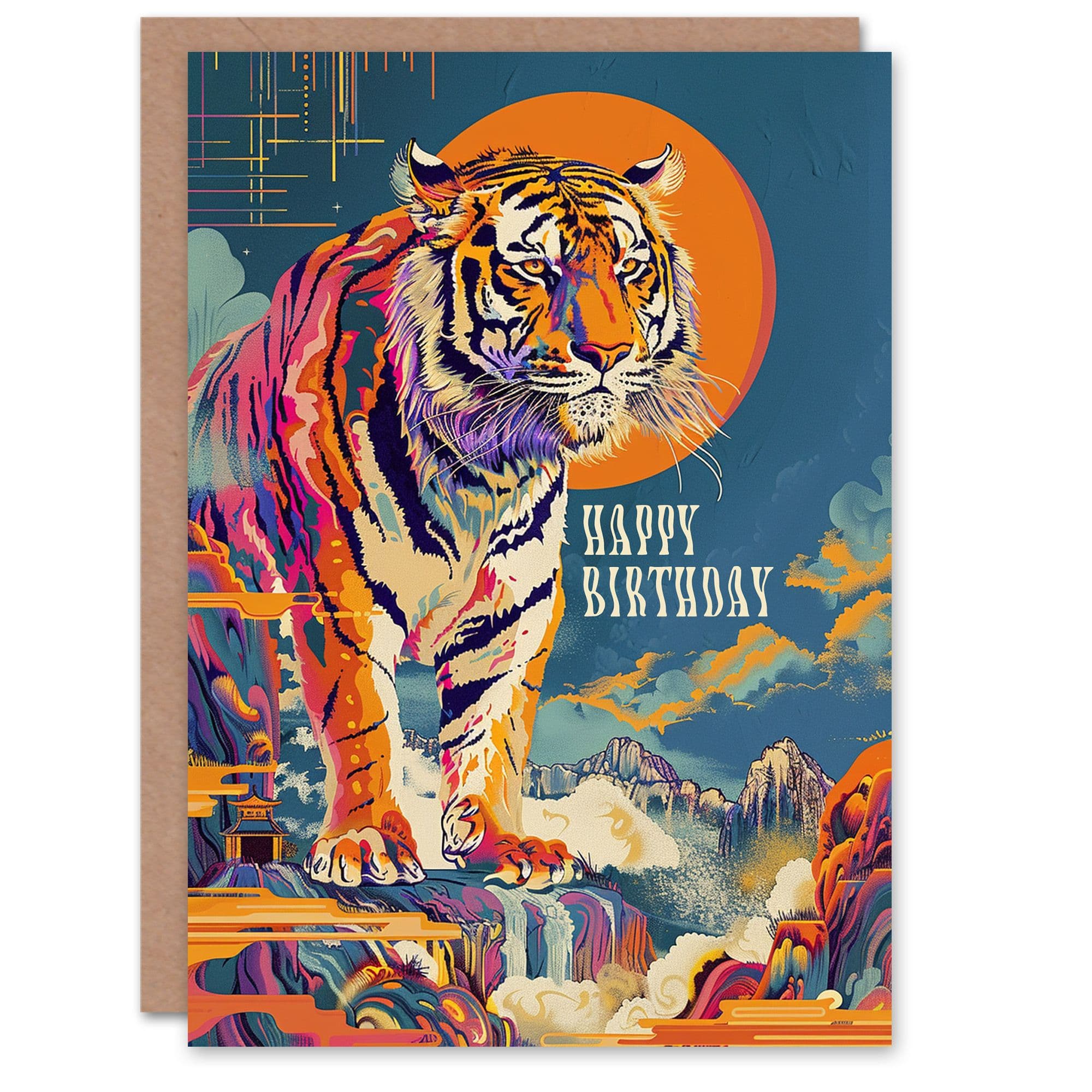 Birthday Card Colourful Tiger Japanese Temple Waterfall Him Dad Brother Son Papa Grandad Greeting Card