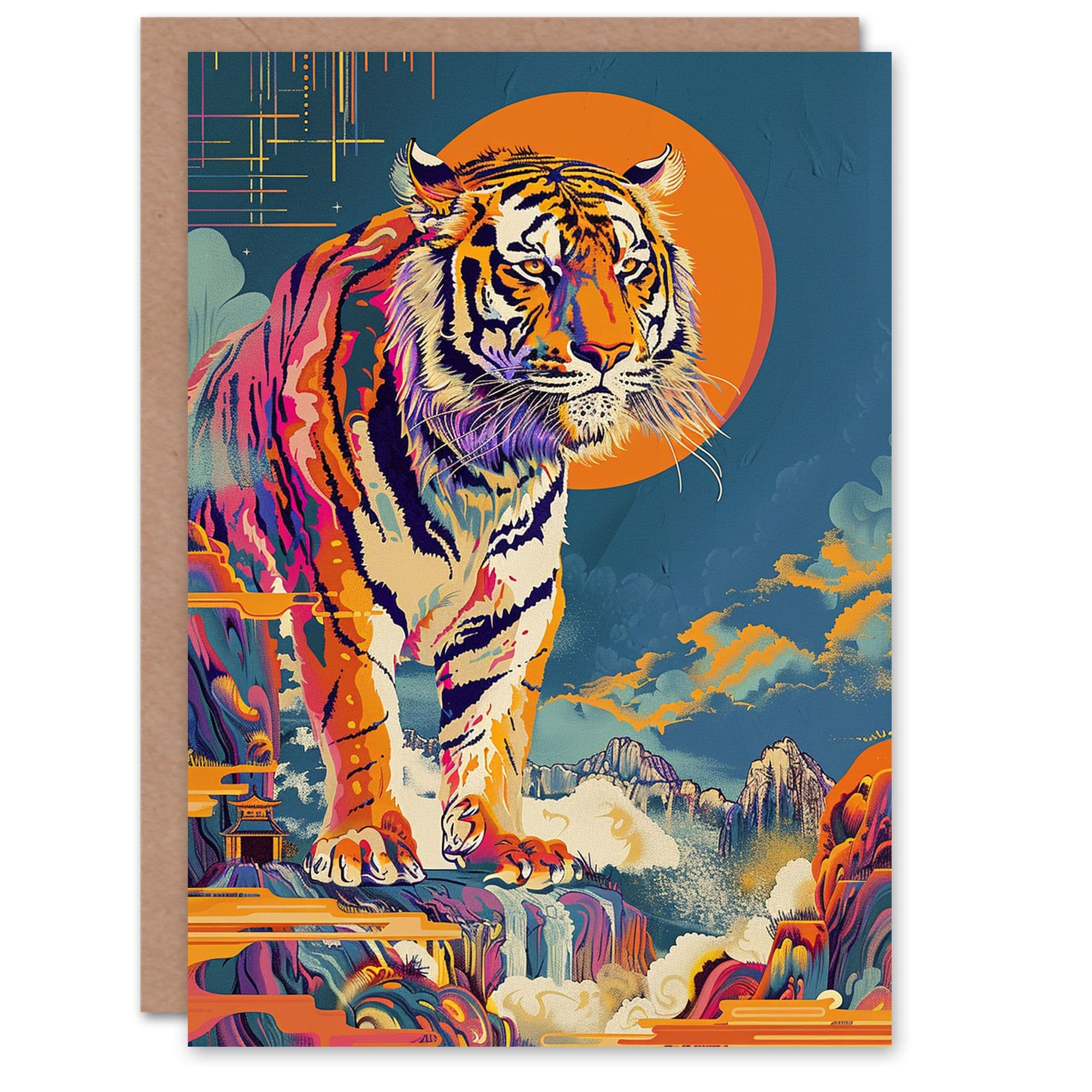 Artery8 Birthday Card Tiger Colourful Japanese Temple Waterfall For Him Dad Brother Son Papa Grandad Greeting Card