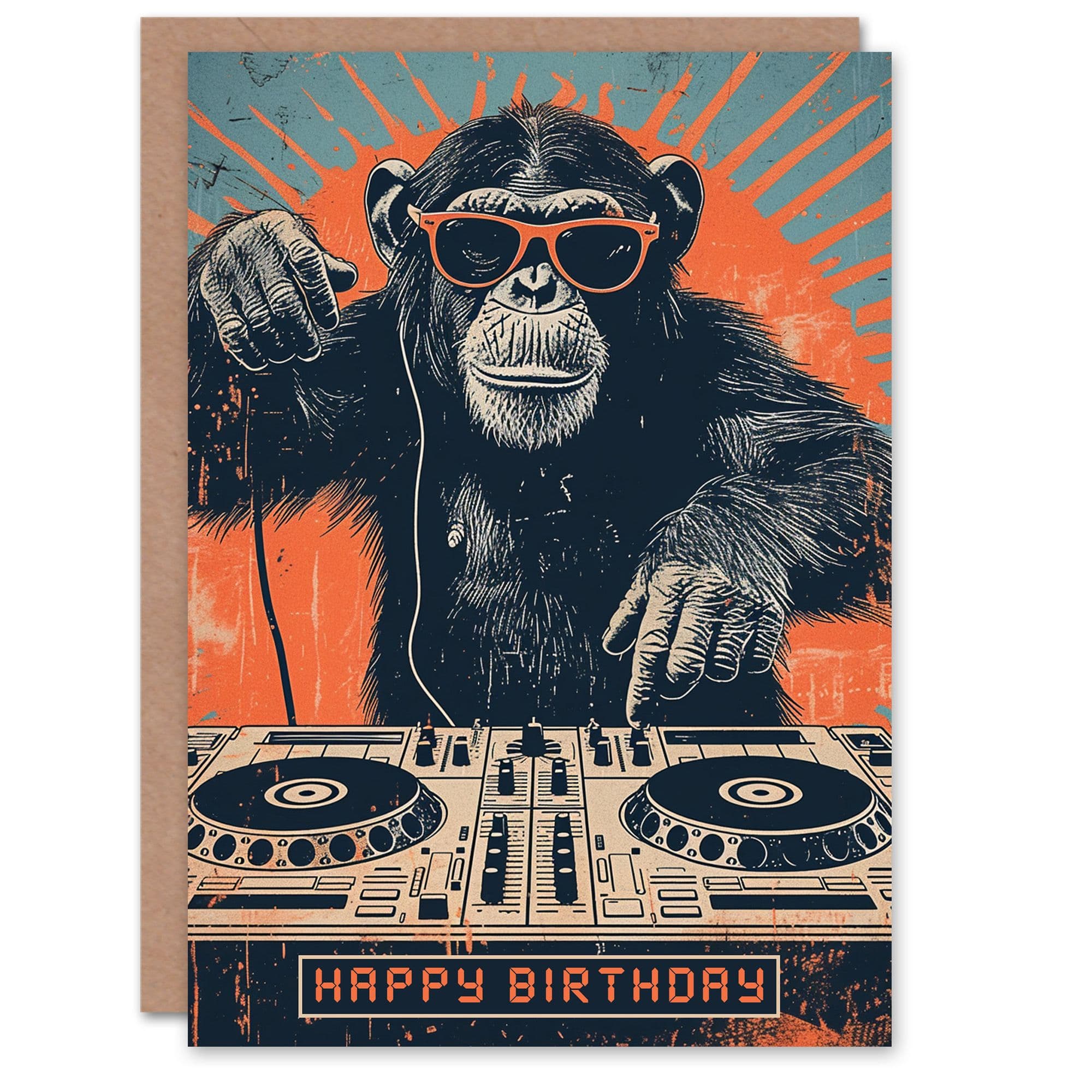 Birthday Card Retro DJ Chimp Sunglasses Ape Decks Him Dad Brother Son Papa Grandad Greeting Card