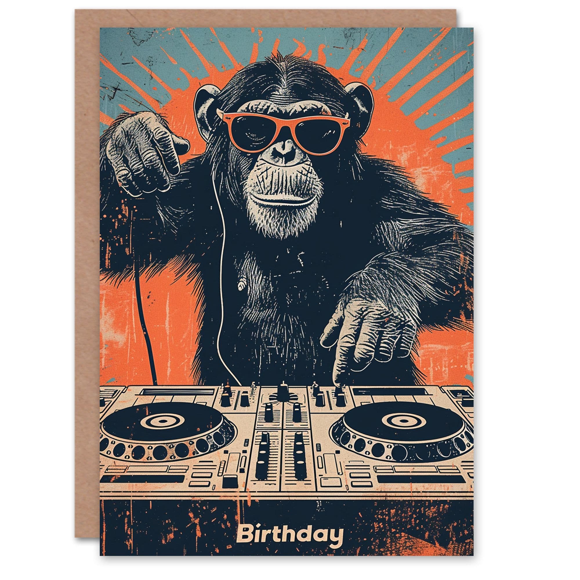 Artery8 Birthday Card Retro DJ Decks Chimp Sunglasses Ape For Him Dad Brother Son Papa Grandad Greeting Card