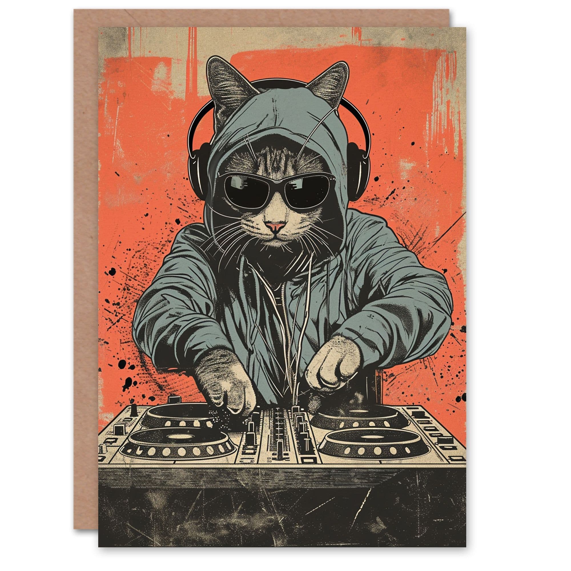 Artery8 Birthday Card DJ Cat with Sunglasses and Hoodie For Him Dad Brother Son Papa Grandad Greeting Card