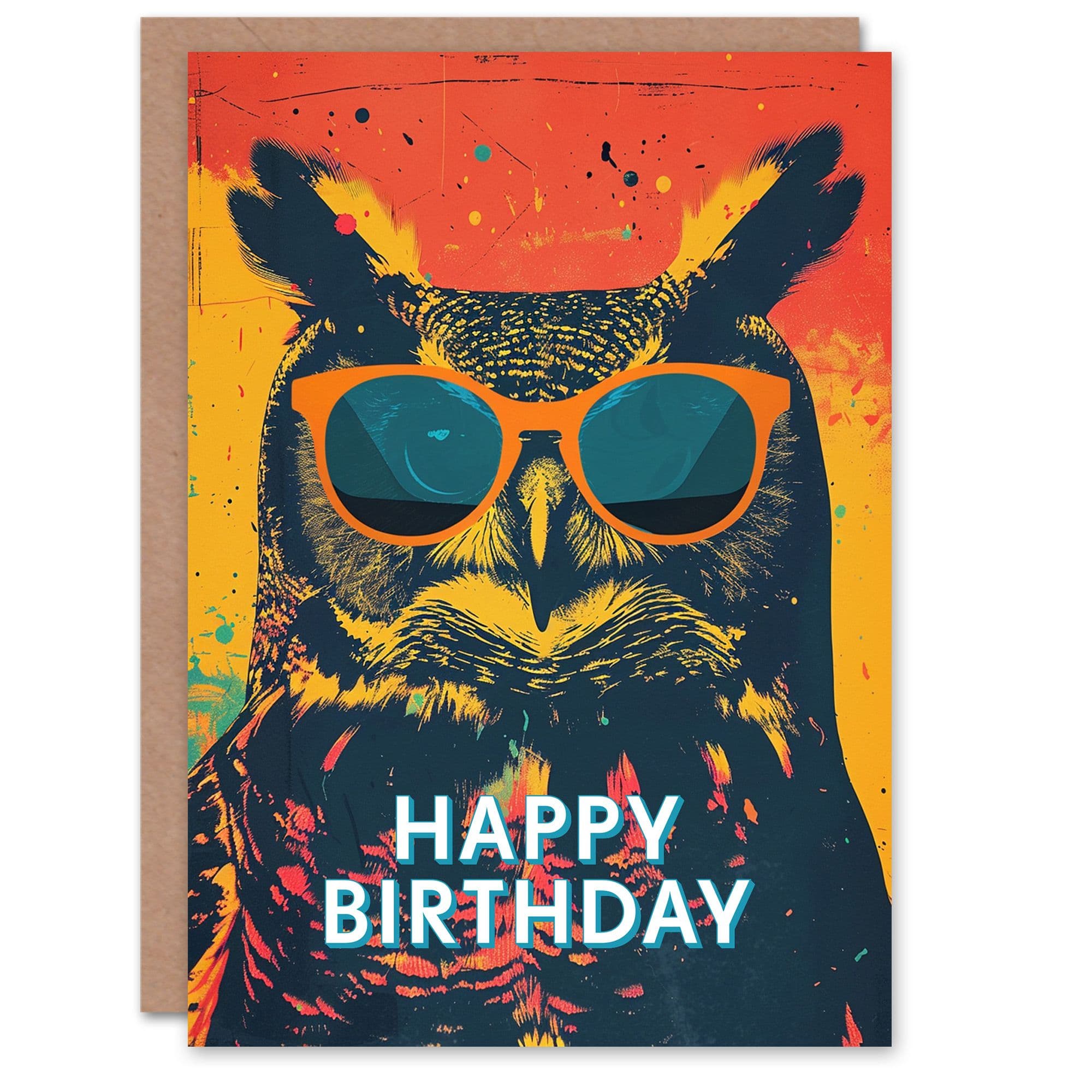 Artery8 Birthday Card Great Horned Owl Sunglasses Colourful Retro For Him Dad Brother Son Papa Grandad Greeting Card