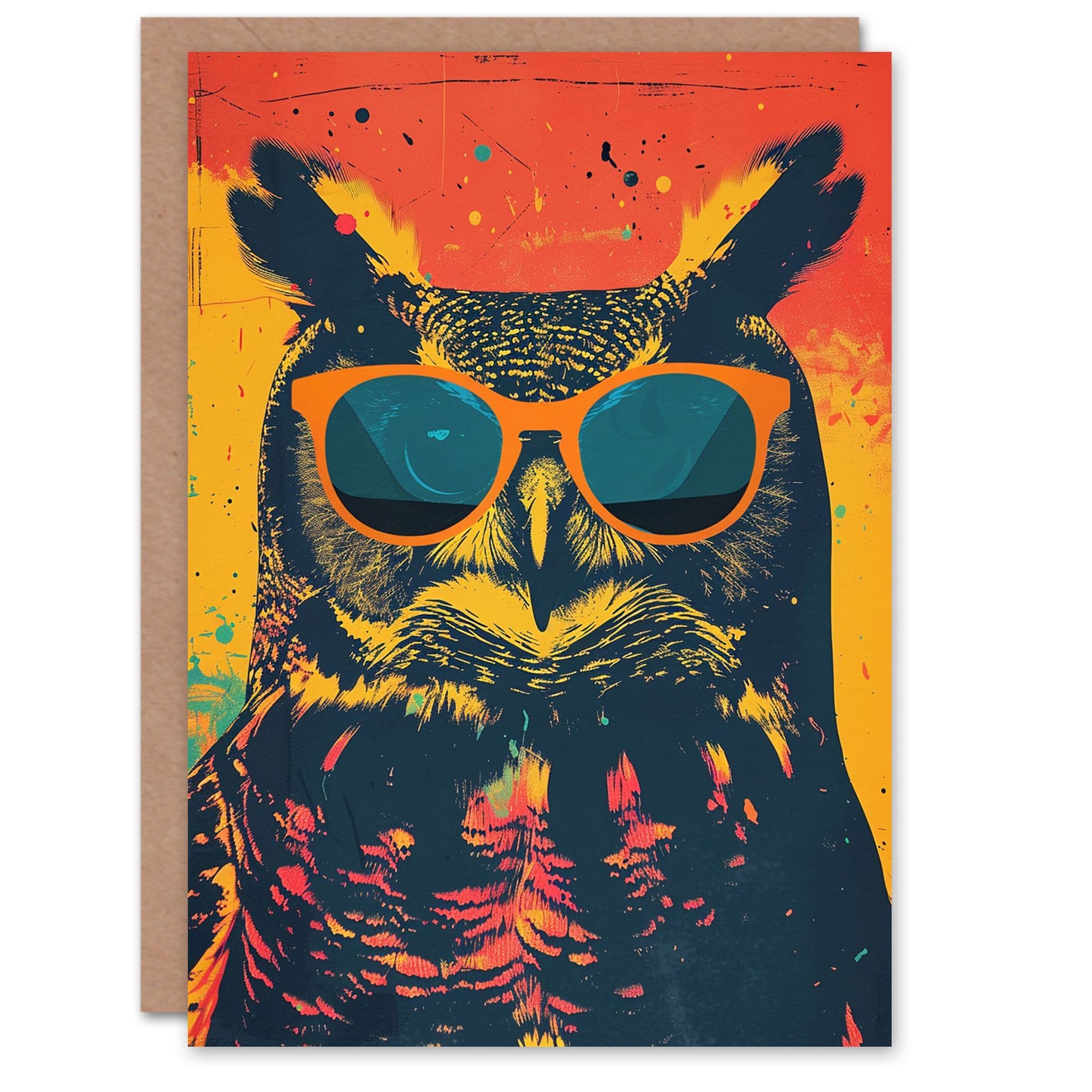 Birthday Card Great Horned Owl Sunglasses Retro Colourful Him Dad Brother Son Papa Grandad Greeting Card