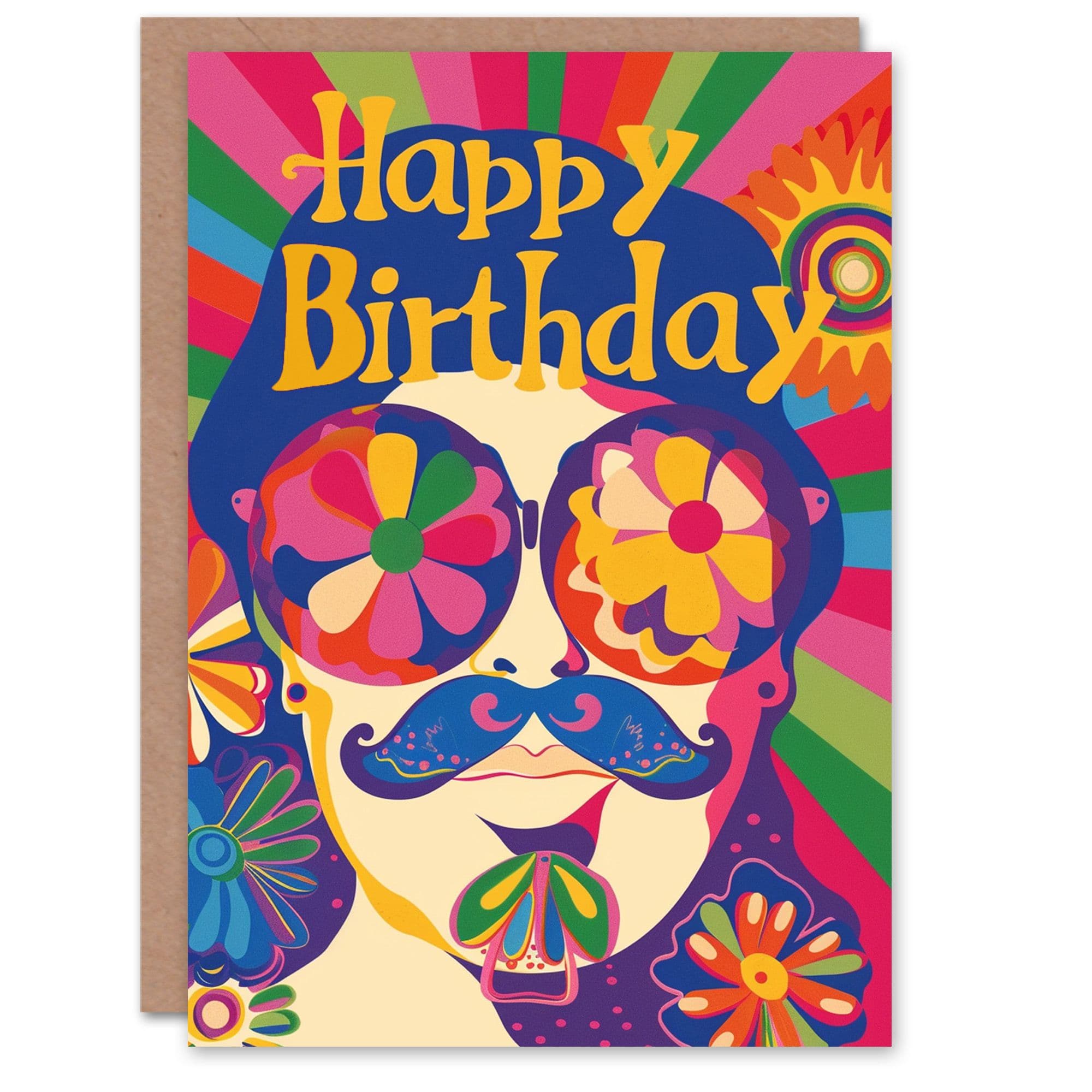 Birthday Card Trippy Flower Power Sunglasses Hippie Him Dad Brother Son Papa Grandad Greeting Card
