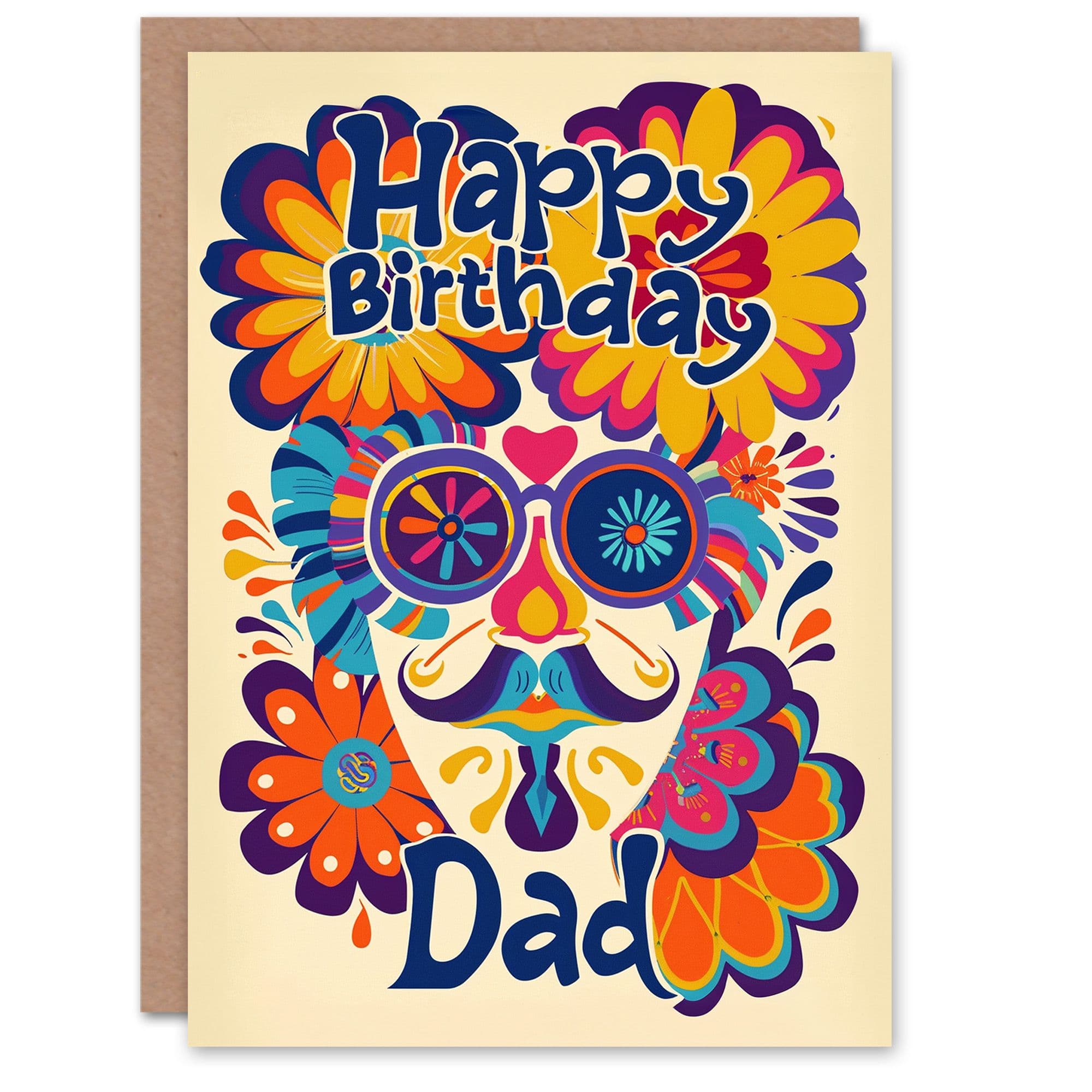 Birthday Card Trippy Flower Power Sunglasses Colourful Hippie Dad Father Greeting Card