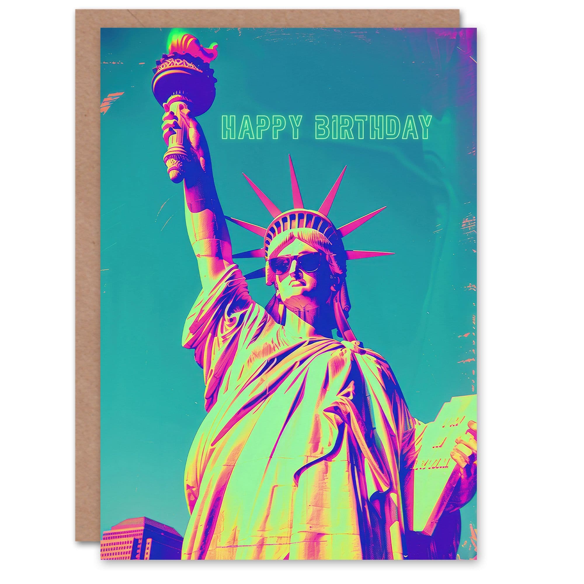 Artery8 Birthday Card Statue of Liberty Sunglasses Funky Neon For Him Dad Brother Son Papa Grandad Greeting Card