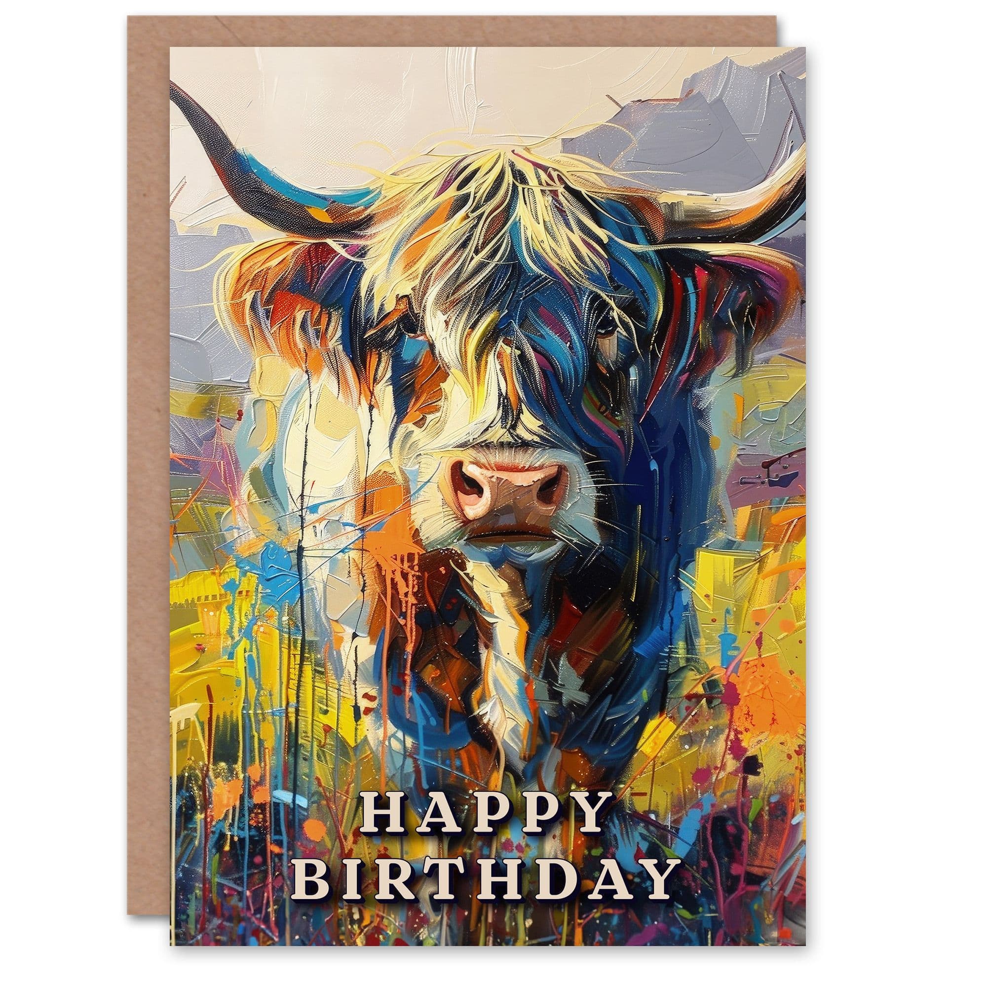 Artery8 Birthday Card Scottish Highland Cow Oil Painting For Him Dad Brother Son Papa Grandad Greeting Card