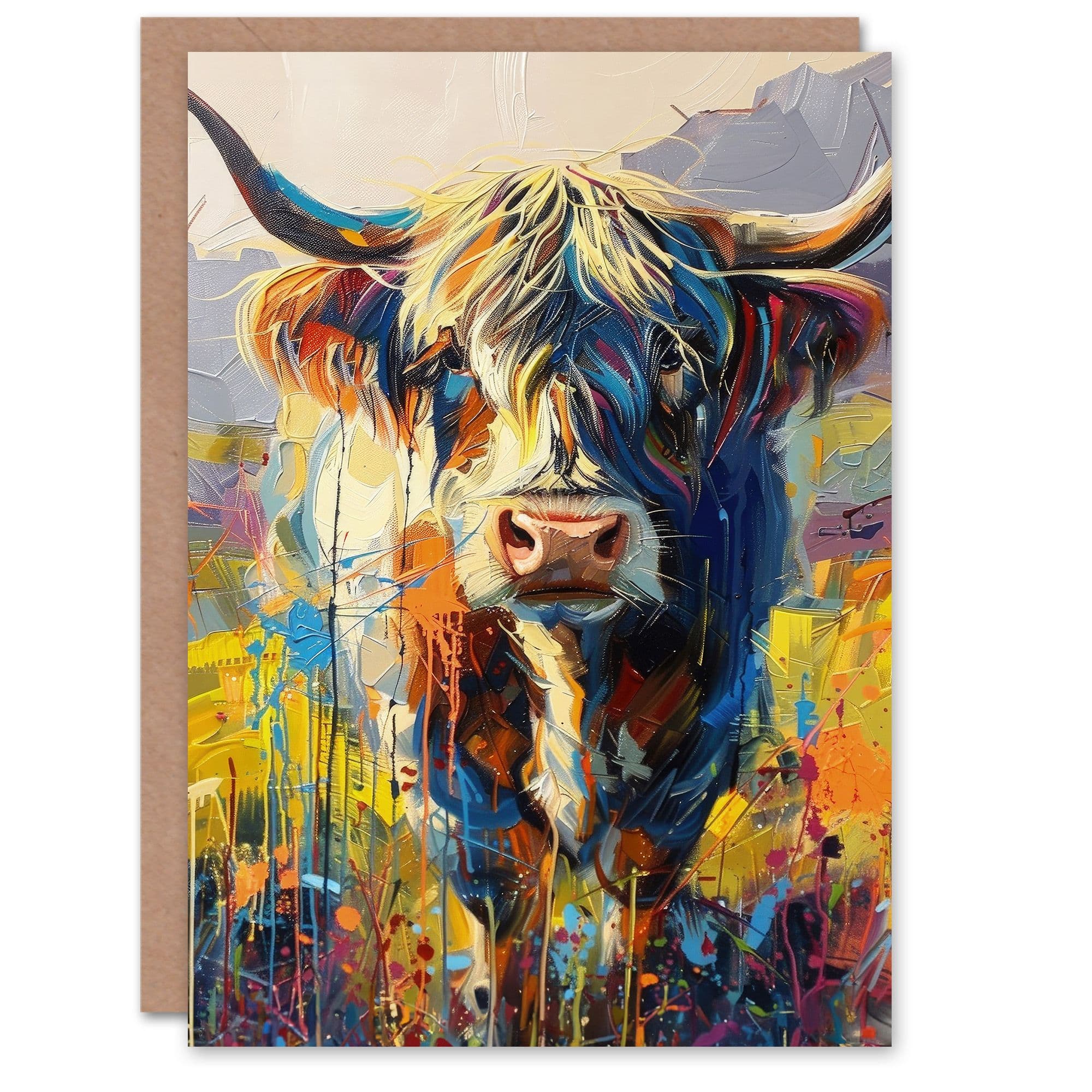 Artery8 Birthday Card Highland Cow Scottish Oil Painting For Him Dad Brother Son Papa Grandad Greeting Card