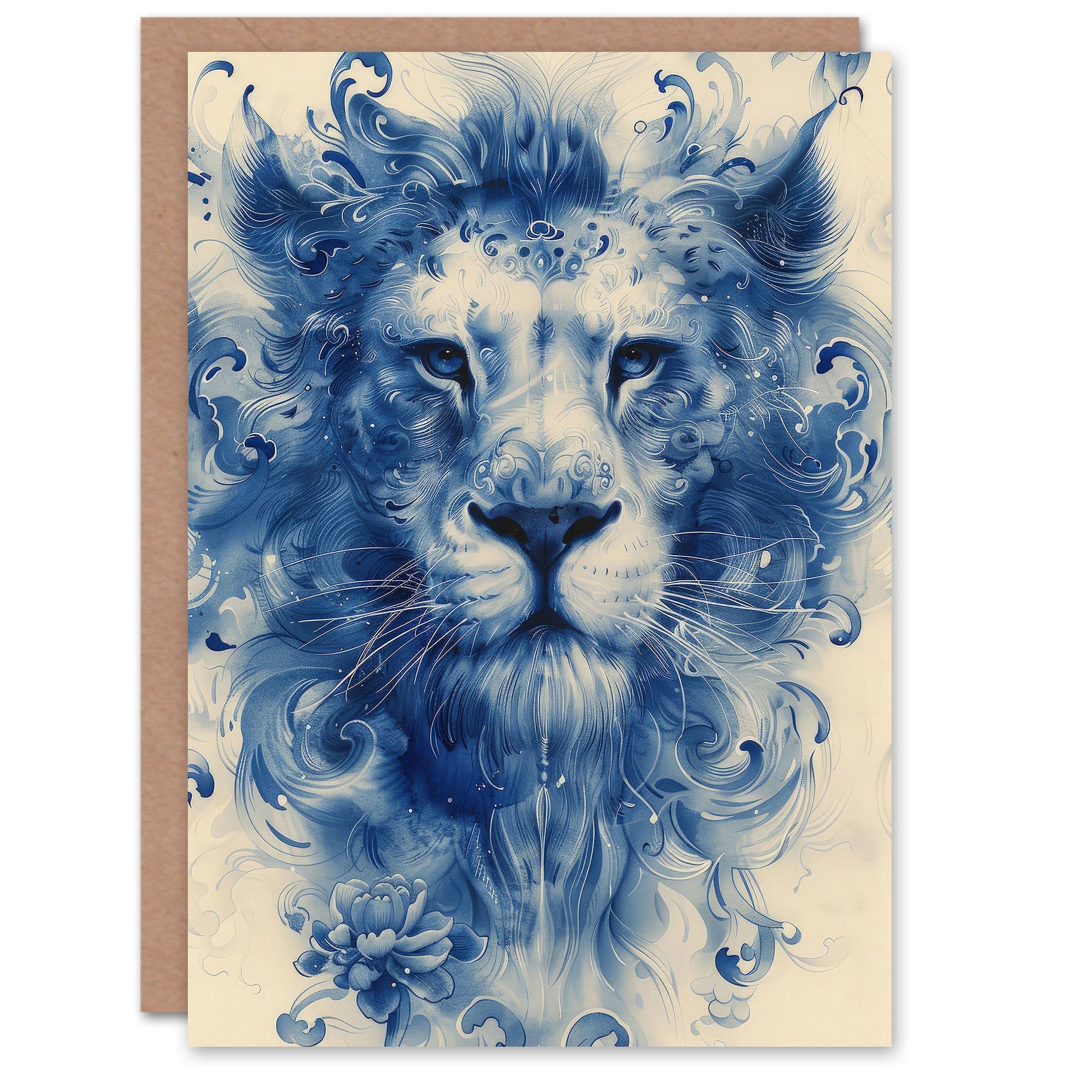 Artery8 Birthday Card Blue Chinese Porcelain Floral Lion Head For Him Dad Brother Son Papa Grandad Greeting Card
