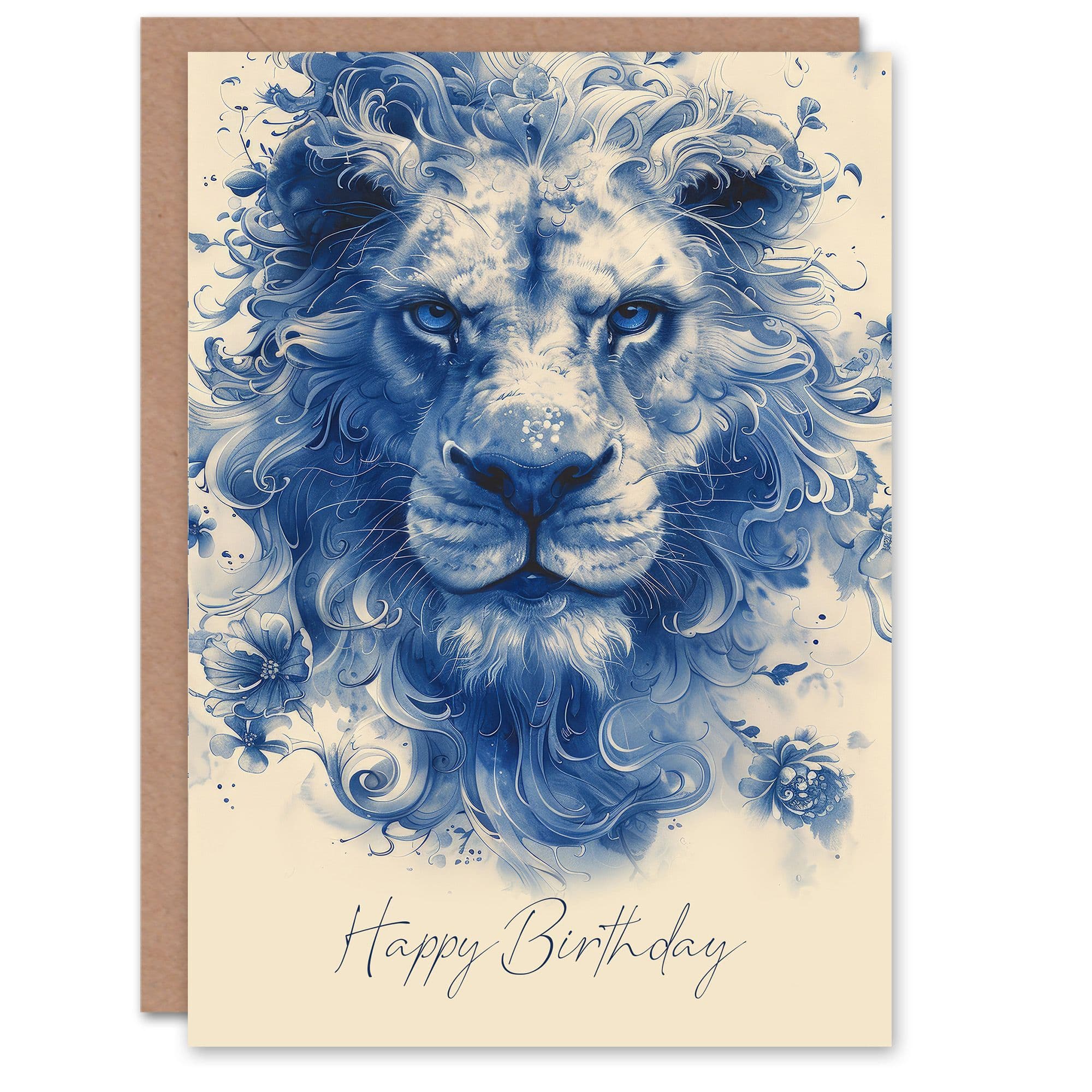 Birthday Card Stylised Ethereal Lion Flowers Him Dad Brother Son Papa Grandad Greeting Card