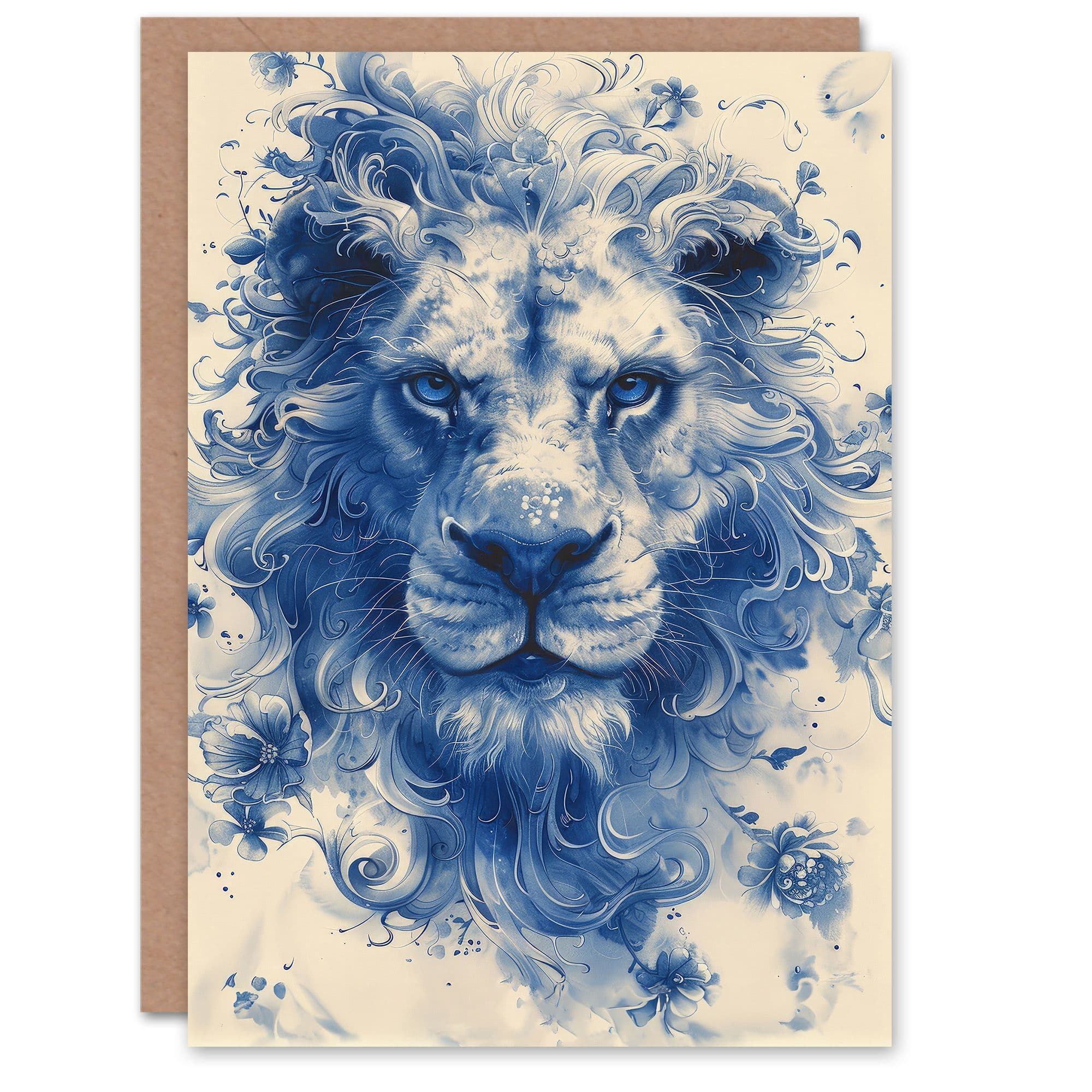 Artery8 Birthday Card Ethereal Lion Blue Chinese Porcelain Flowers For Him Dad Brother Son Papa Grandad Greeting Card