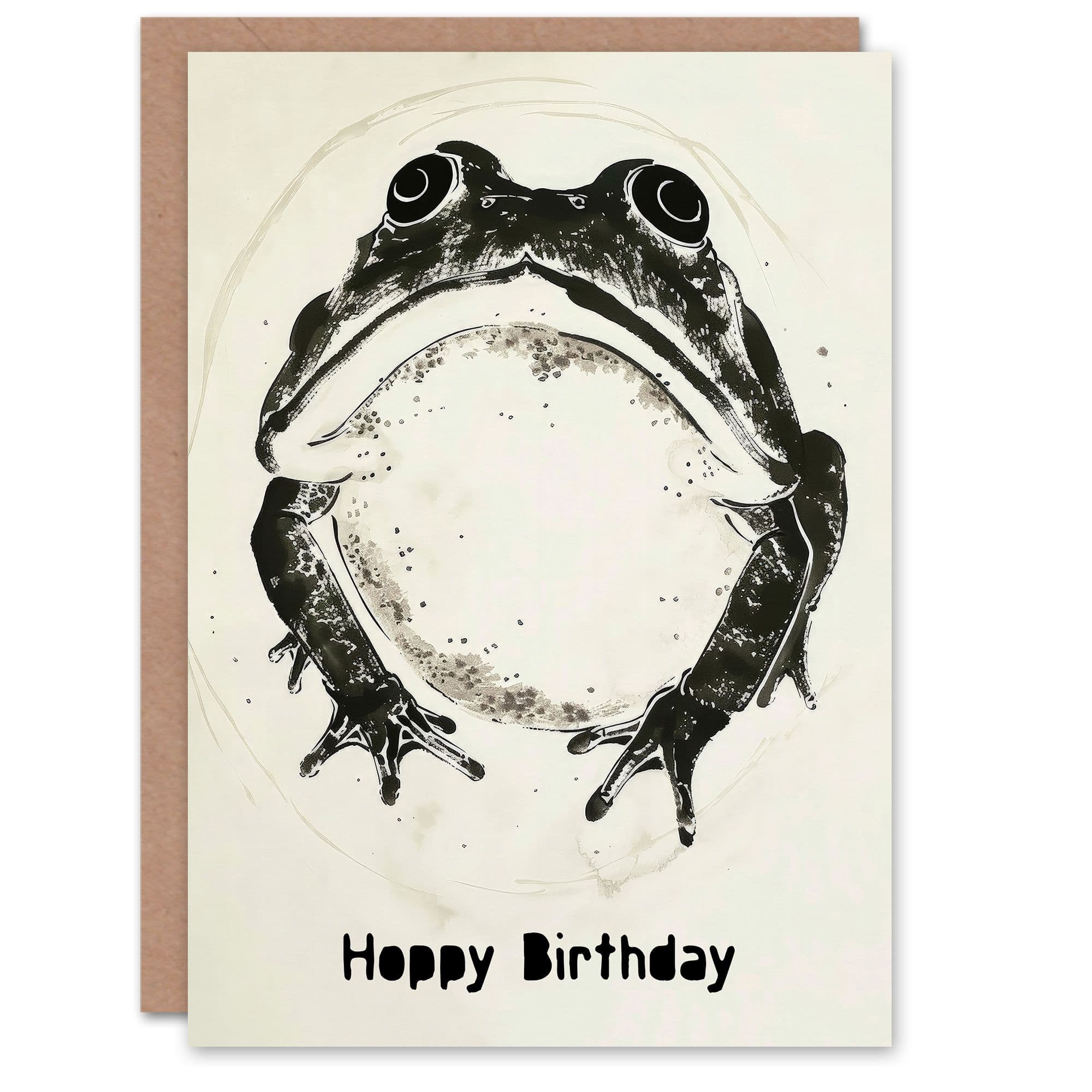 Artery8 Birthday Card Grumpy Frog Black White Hoppy Pun Ink Drawing For Him Dad Brother Son Papa Grandad Greeting Card