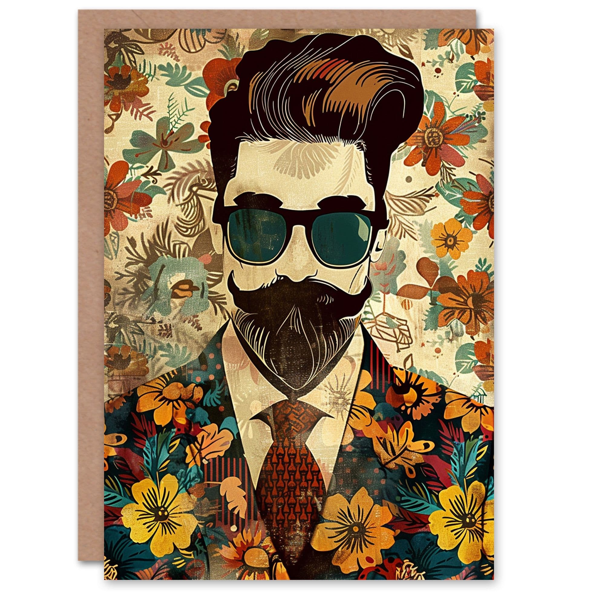 Birthday Card Dapper Hipster Man Floral Suit Portrait Him Dad Brother Son Papa Grandad Greeting Card
