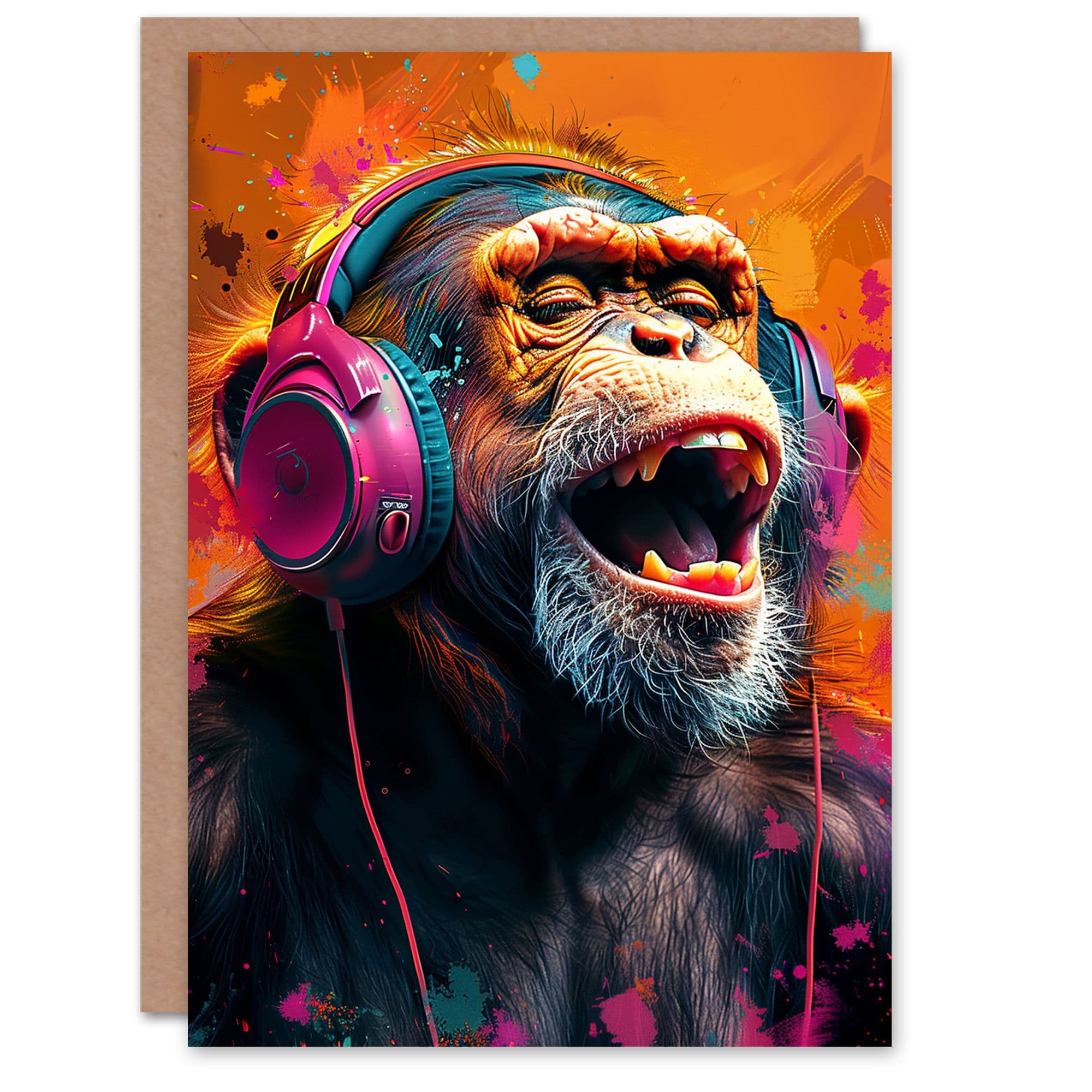 Artery8 Birthday Card Happy Chimp with Headphones Funky Music For Him Dad Brother Son Papa Grandad Greeting Card