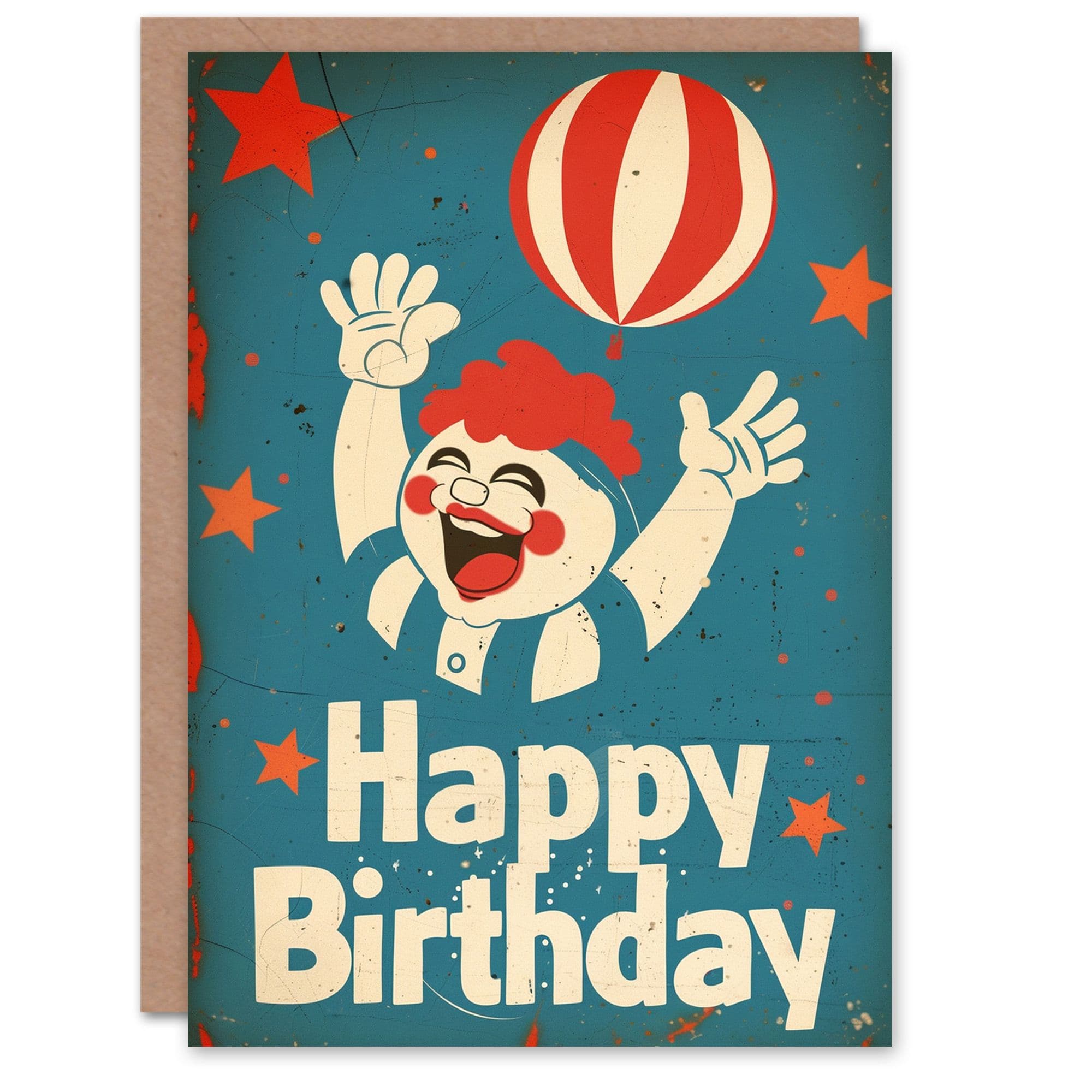 Artery8 Birthday Card Happy Clown Balloon Stars Vintage Advert For Him Dad Brother Son Papa Grandad Greeting Card