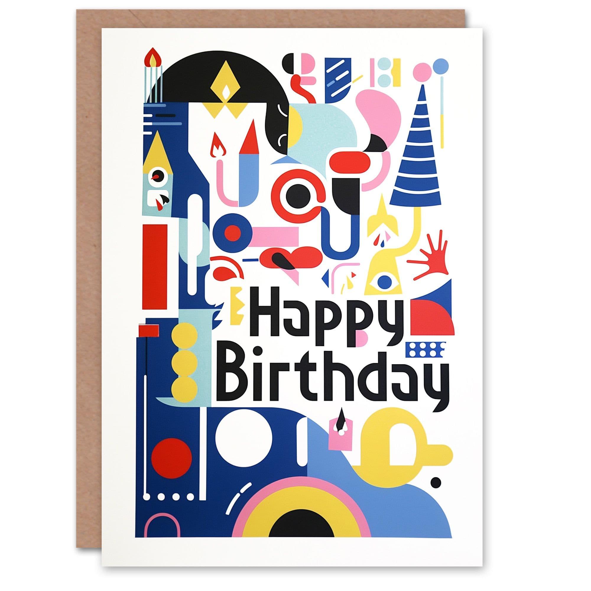 Birthday Card Modern Abstract Party Hat Candles Fun Shapes Him Dad Brother Son Papa Grandad Greeting Card