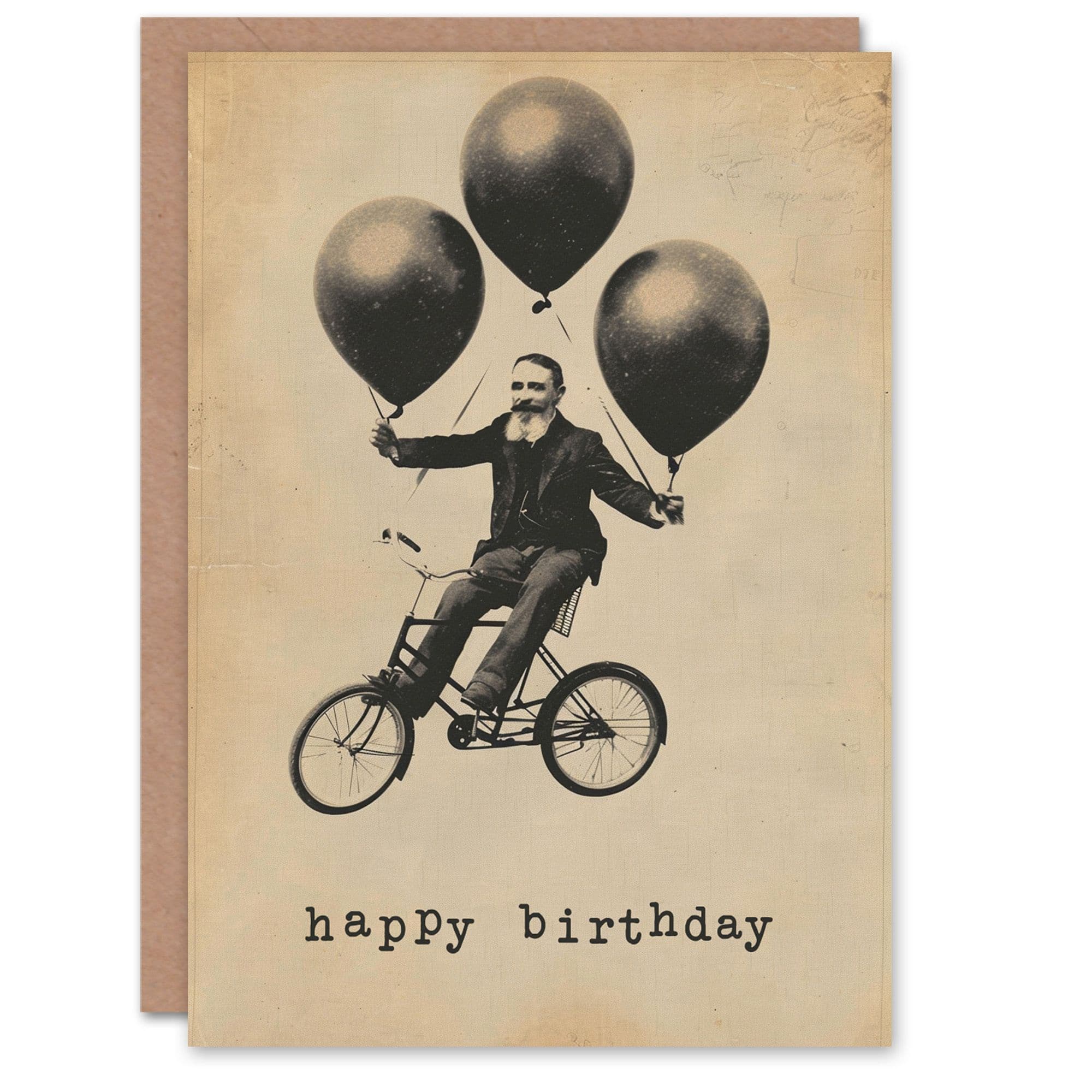 Birthday Card Weird Vintage Collage Balloon Bike Gentleman Him Dad Brother Son Papa Grandad Greeting Card