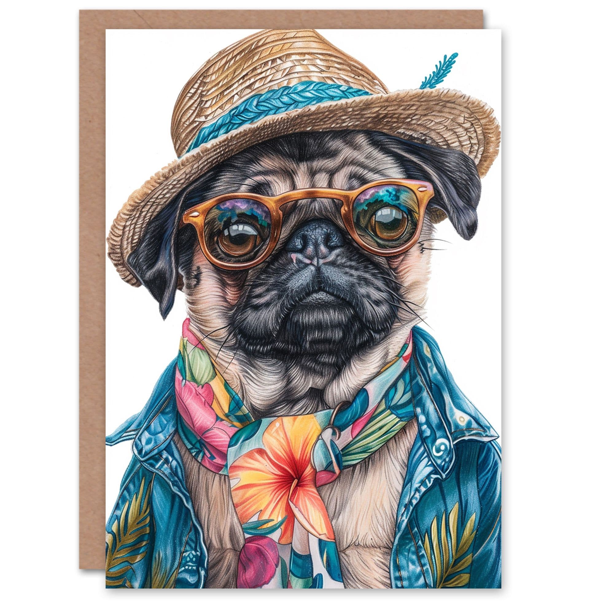 Birthday Card Pug Dog Lover Hawaii Vacation Fun Portrait Him Dad Brother Son Papa Grandad Greeting Card
