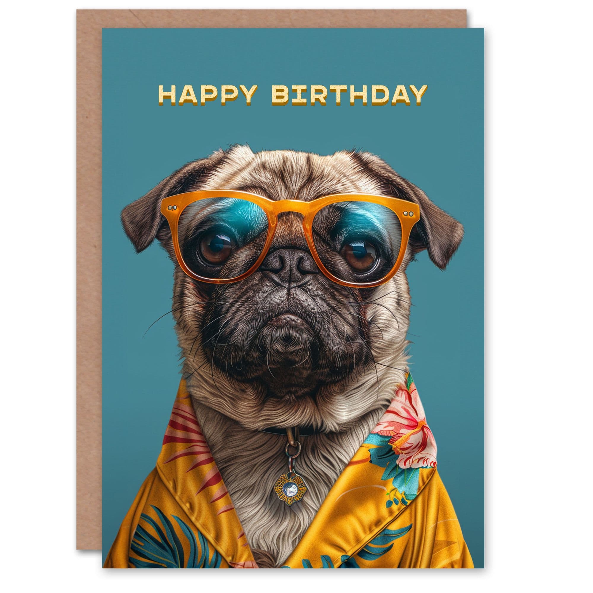 Artery8 Birthday Card Hawaiian Shirt Pug Dog Lover Fun Portrait For Him Dad Brother Son Papa Grandad Greeting Card