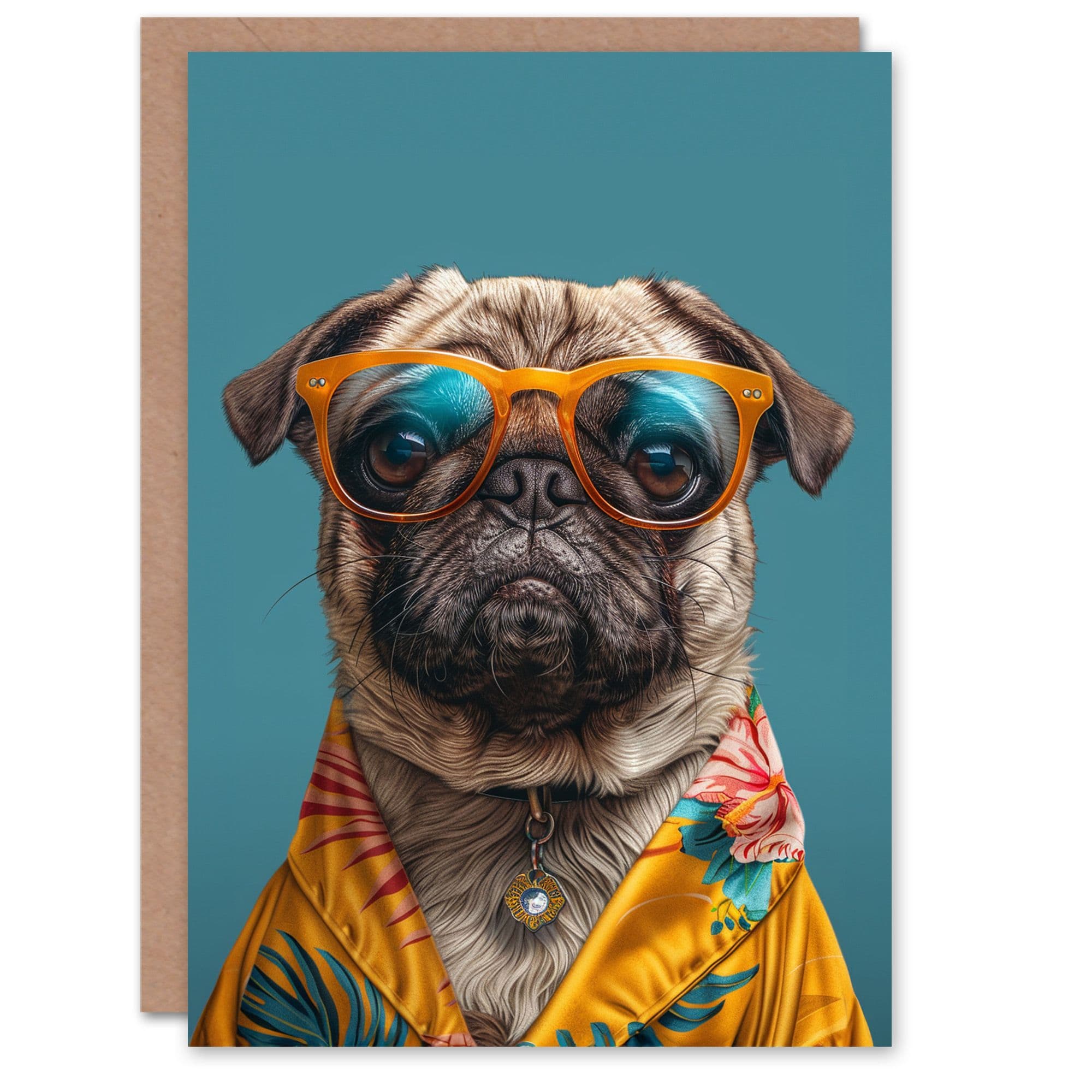 Birthday Card Pug Dog Lover Hawaiian Shirt Fun Portrait Him Dad Brother Son Papa Grandad Greeting Card