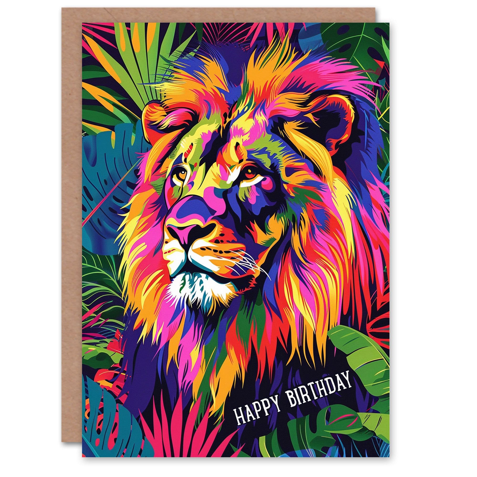 Birthday Card Jungle Lion Vibrant Colourful Design Him Dad Brother Son Papa Grandad Greeting Card