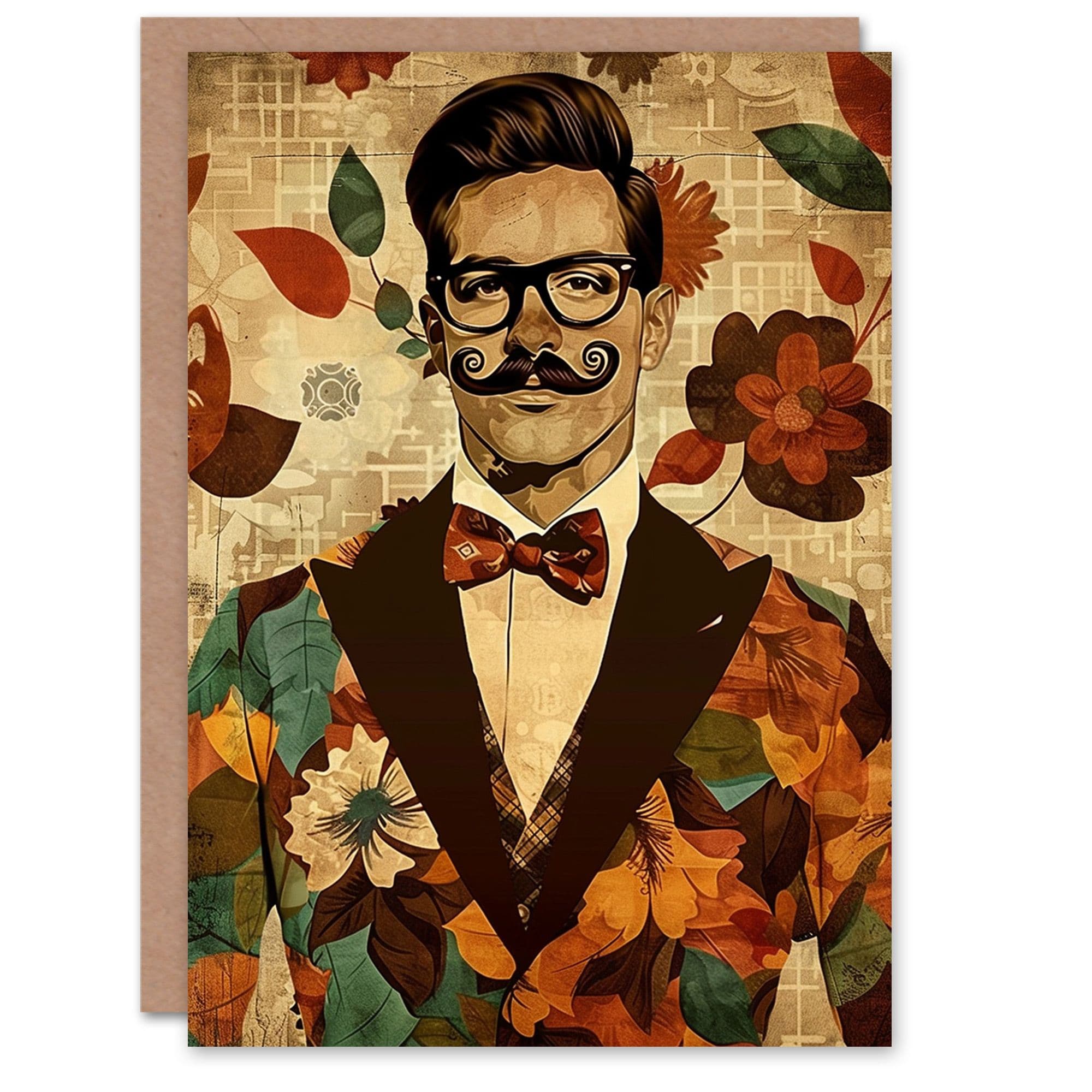 Artery8 Birthday Card Dapper Man Floral Suit Handlebar Moustache For Him Dad Brother Son Papa Grandad Greeting Card