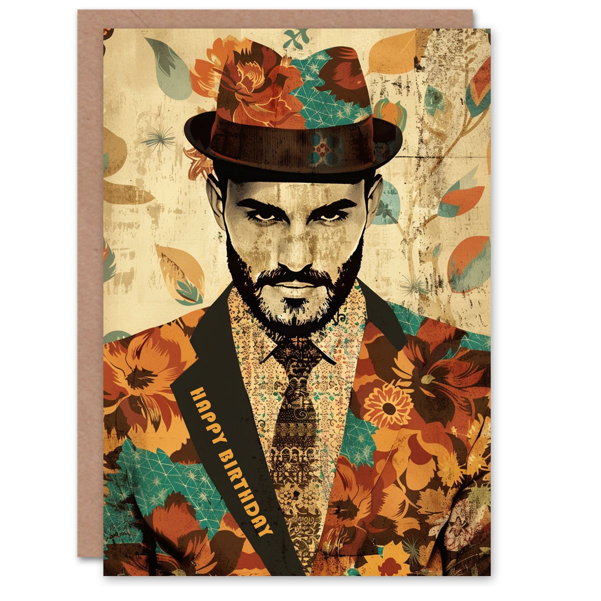 Birthday Card Dapper Man Floral Pattern Suit Hat Him Dad Brother Son Papa Grandad Greeting Card