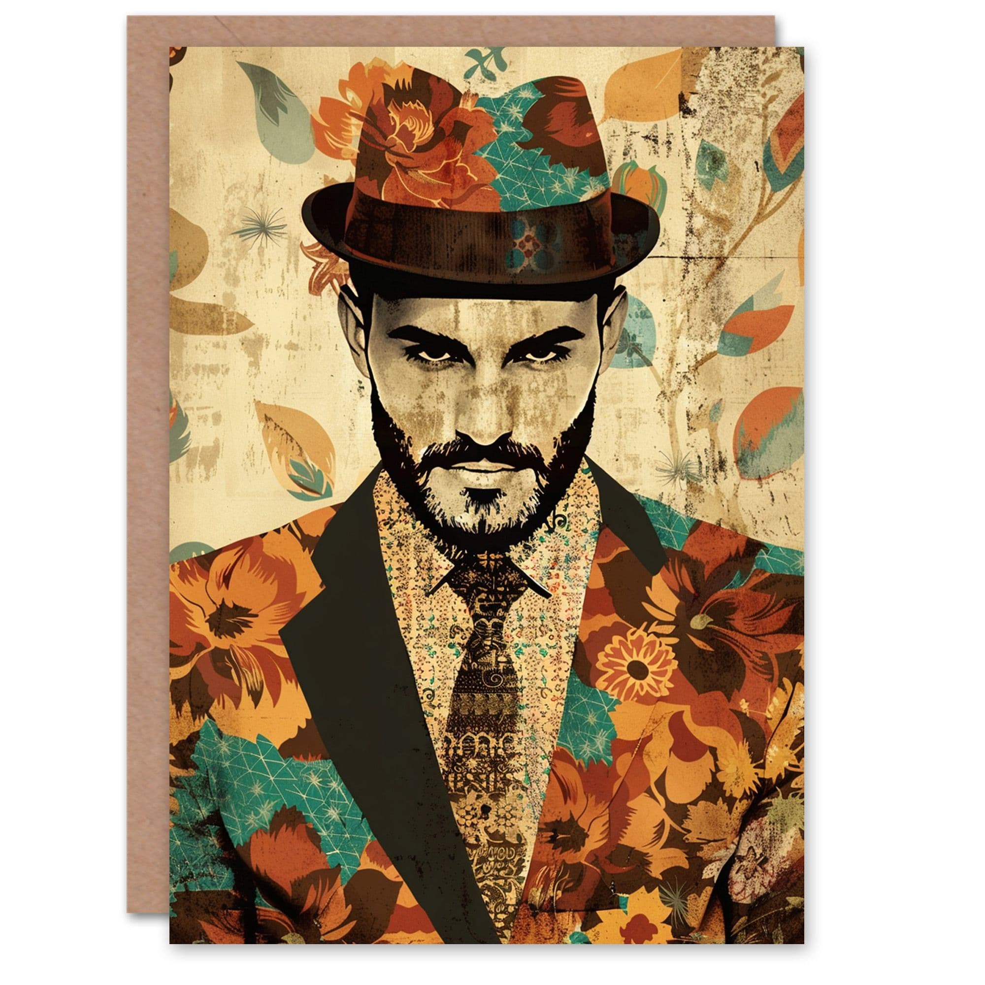 Birthday Card Floral Pattern Suit Hat Dapper Man Him Dad Brother Son Papa Grandad Greeting Card