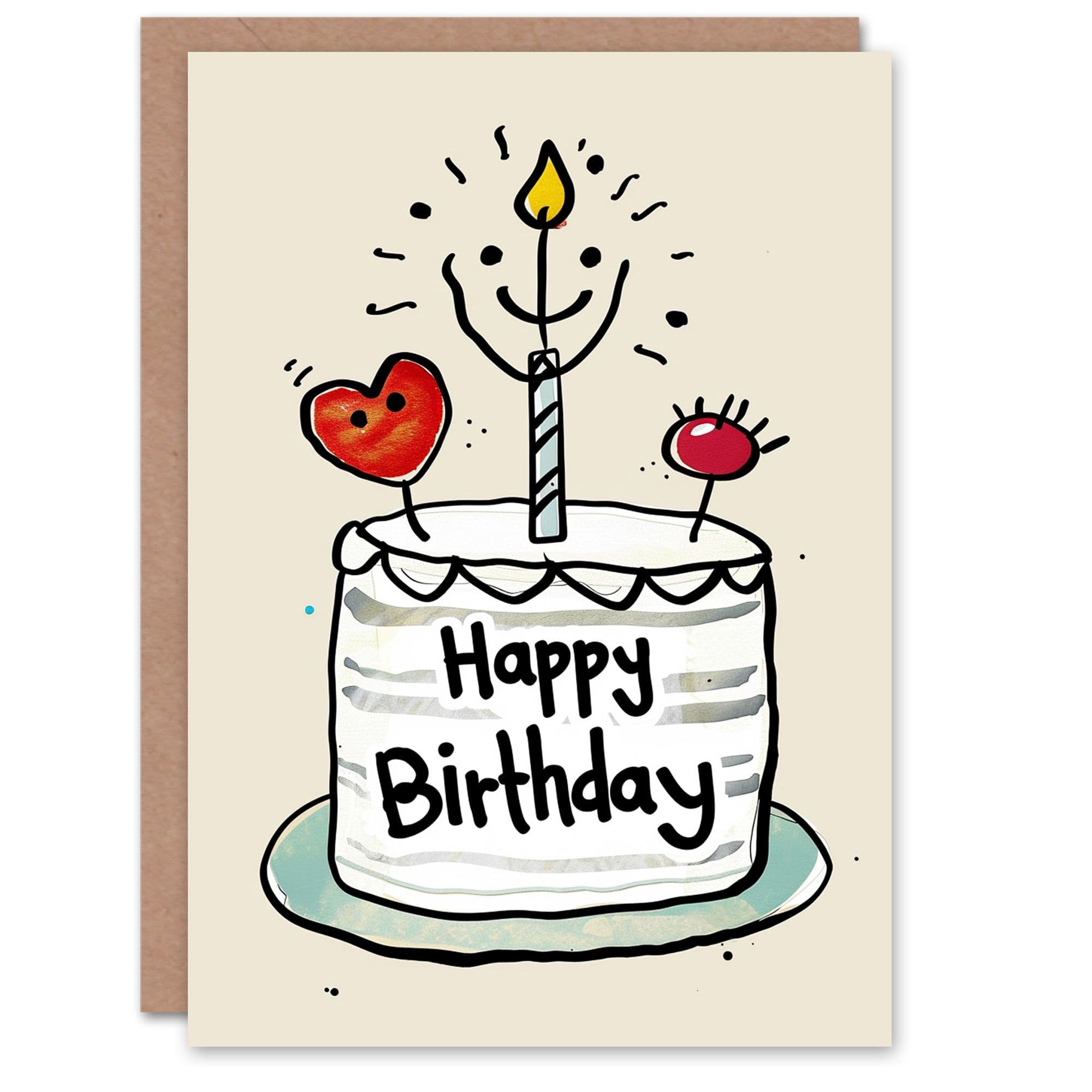 Artery8 Birthday Card Simple Smile Cake Childrens Drawing Fun Cute For Child Kids Greeting Card
