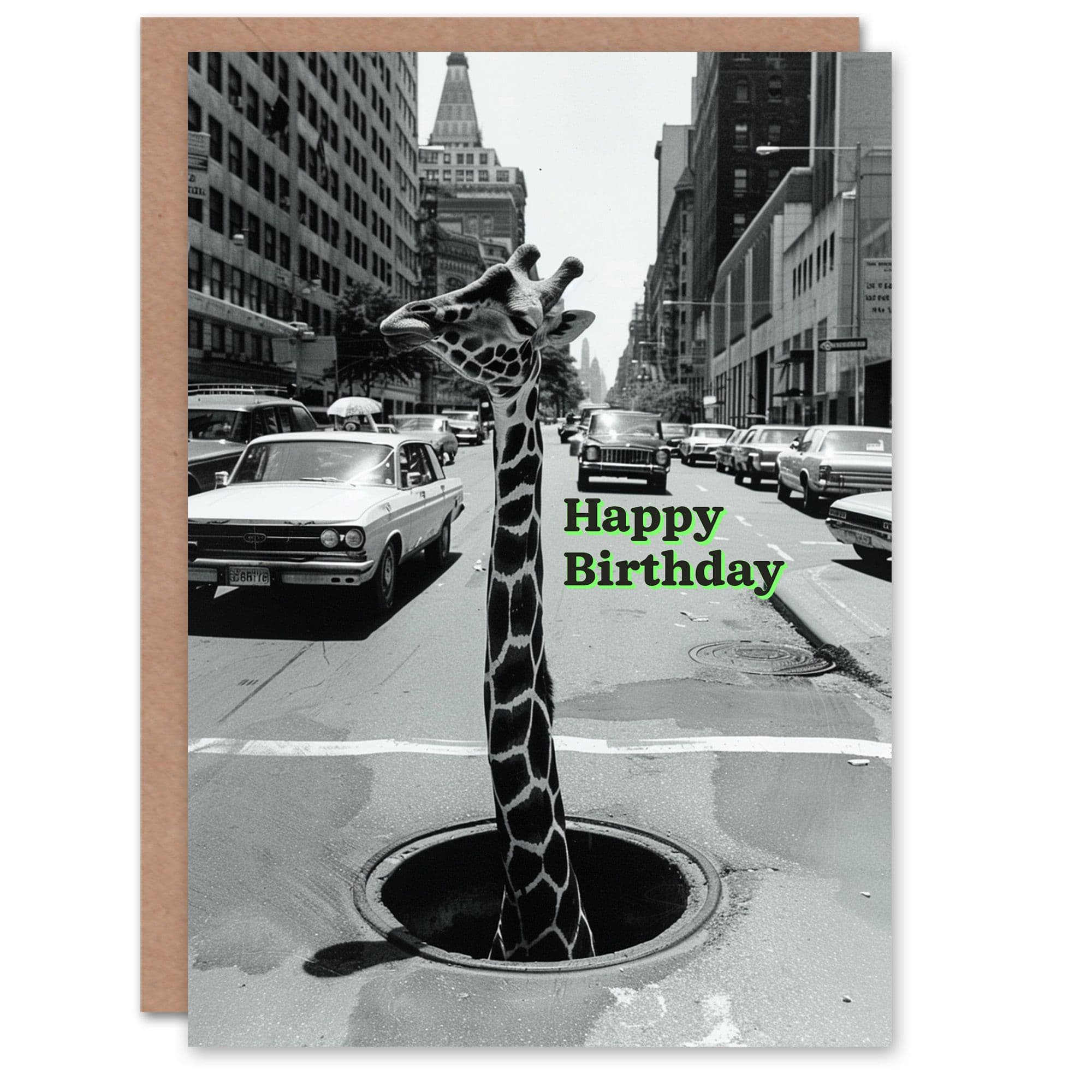 Artery8 Birthday Card Giraffe City Retro Photo Fun Animal Lover For Him Her Man Woman Greeting Card