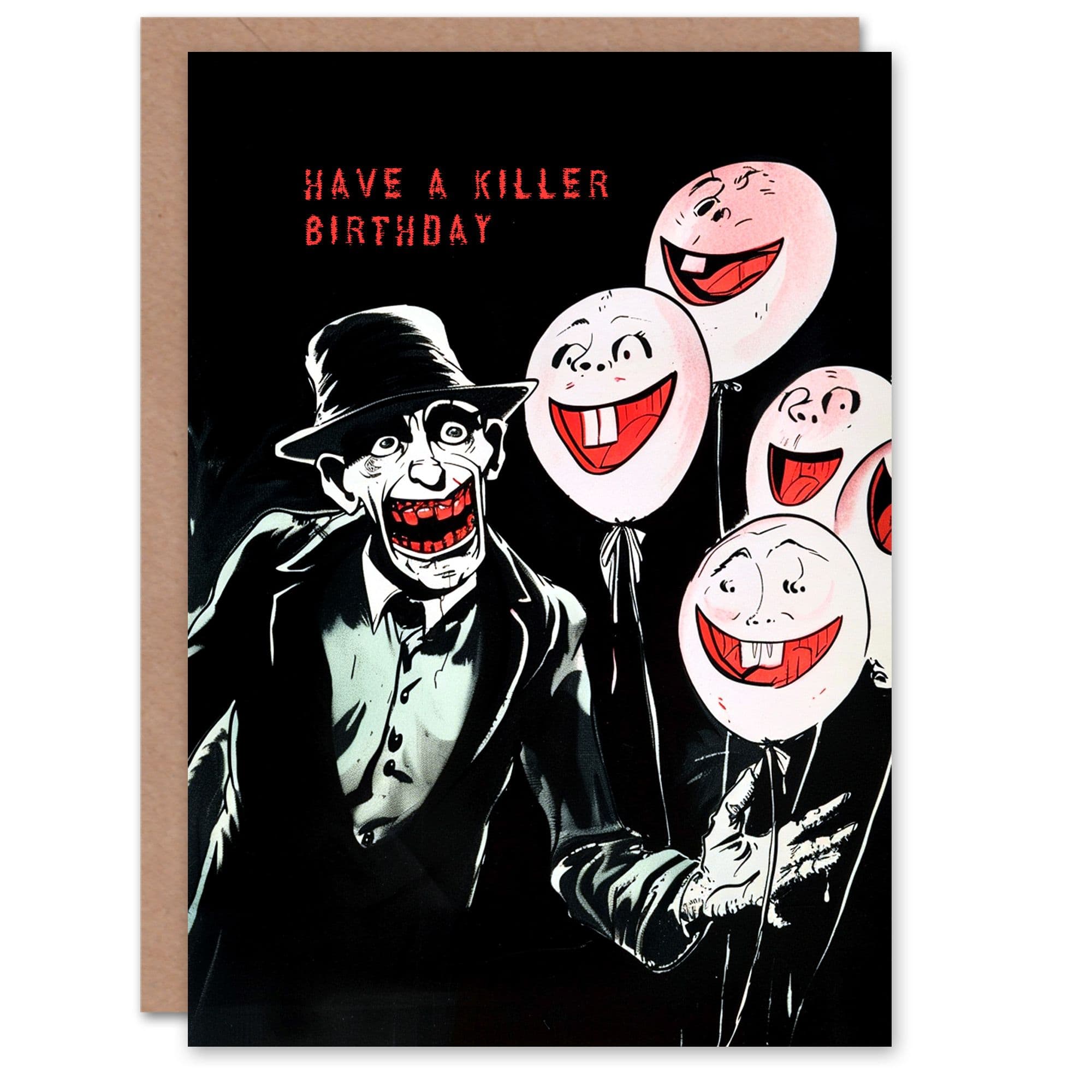 Birthday Card Weird Creepy Man Balloons Killer Drawing Him Dad Brother Son Papa Grandad Greeting Card
