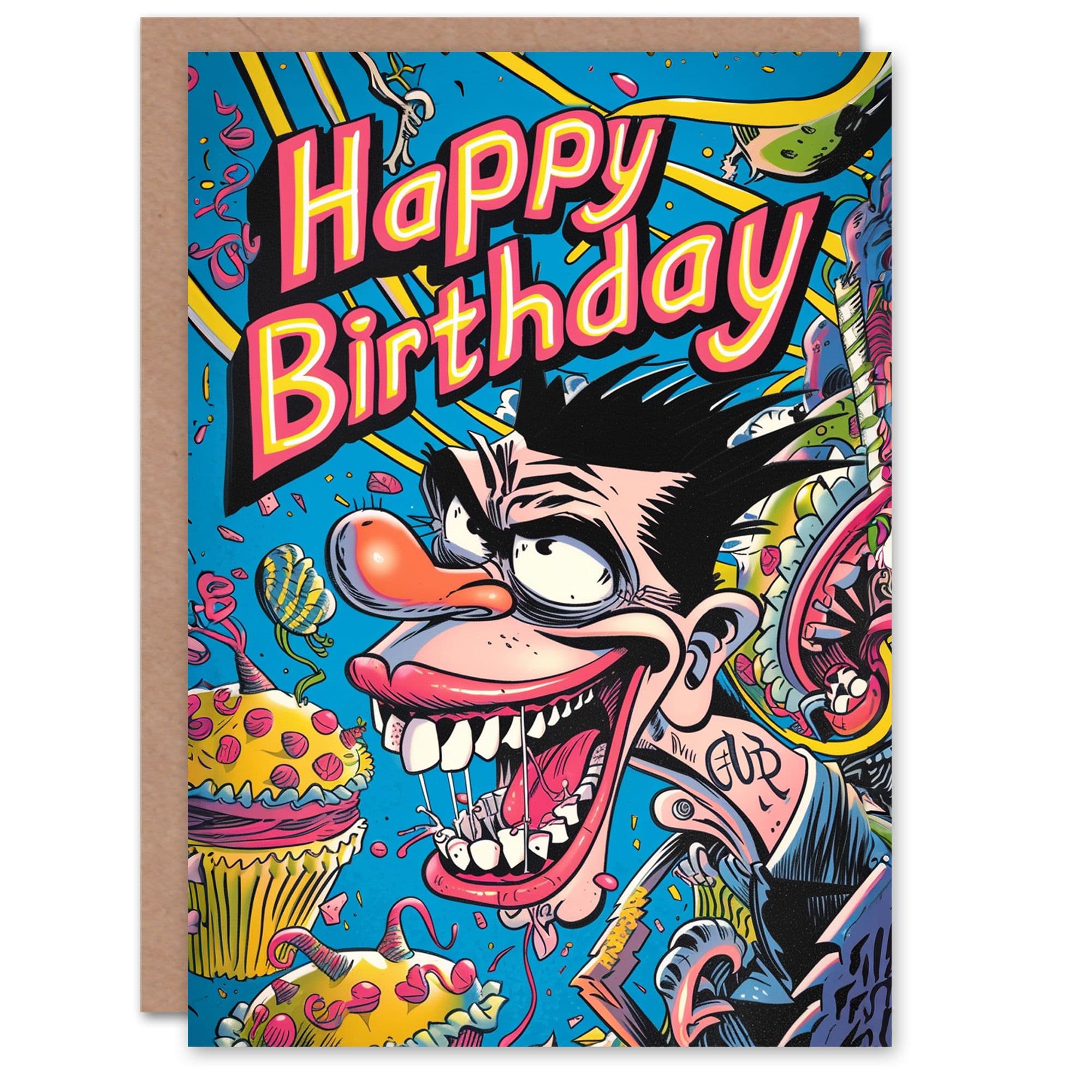 Artery8 Birthday Card Weird Cartoon Punk Cupcakes Comic Silly For Him Dad Brother Son Papa Grandad Greeting Card