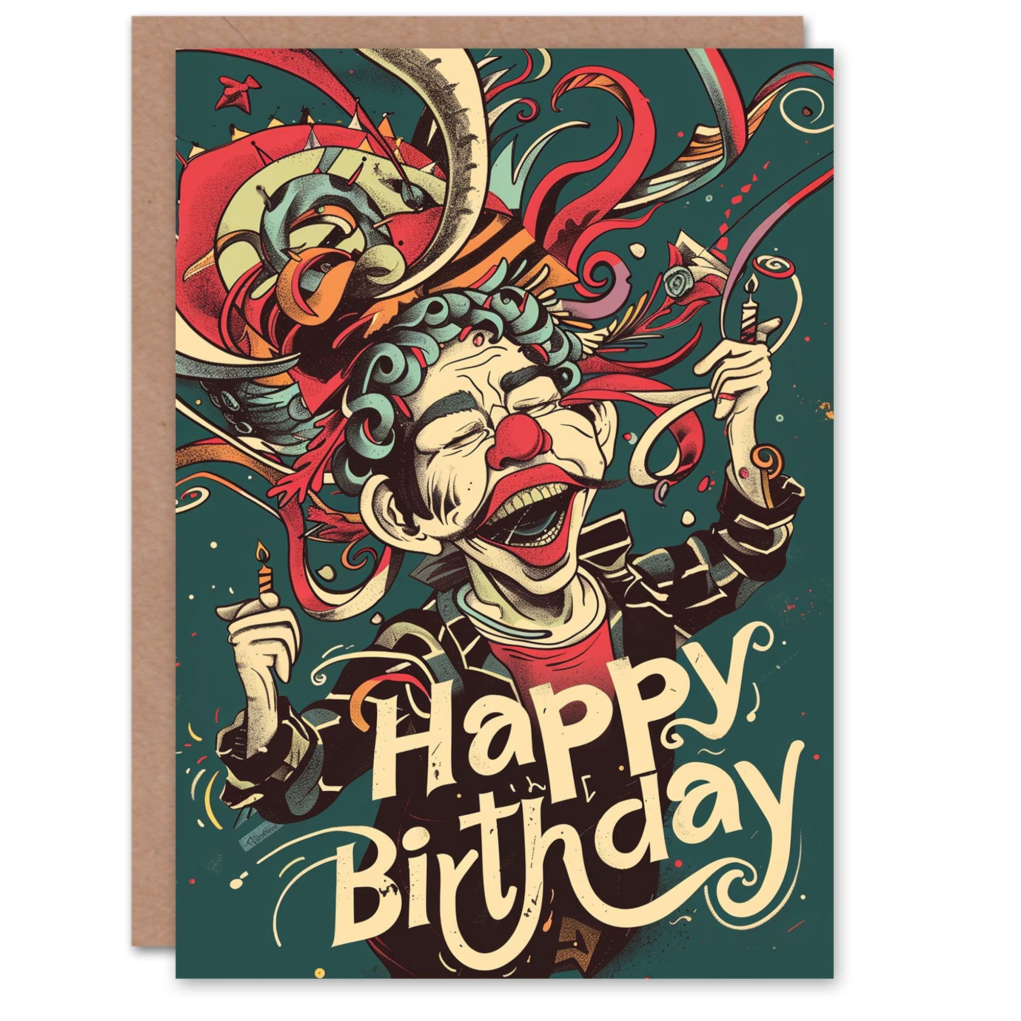Artery8 Birthday Card Weird Clown Drawing Colourful Trippy For Him Dad Brother Son Papa Grandad Greeting Card
