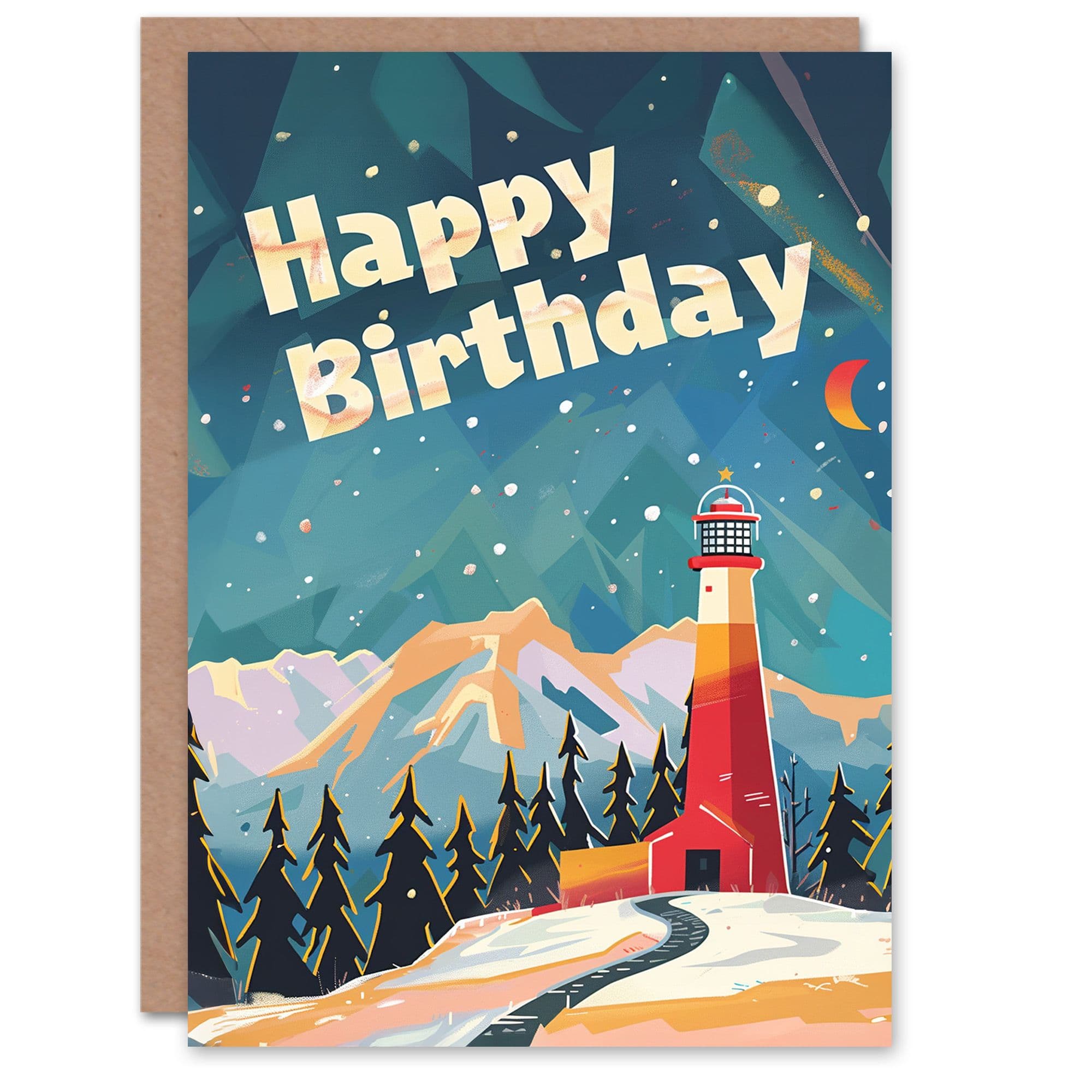 Artery8 Birthday Card Lighthouse in Winter Mountains Painting For Him Dad Brother Son Papa Grandad Greeting Card