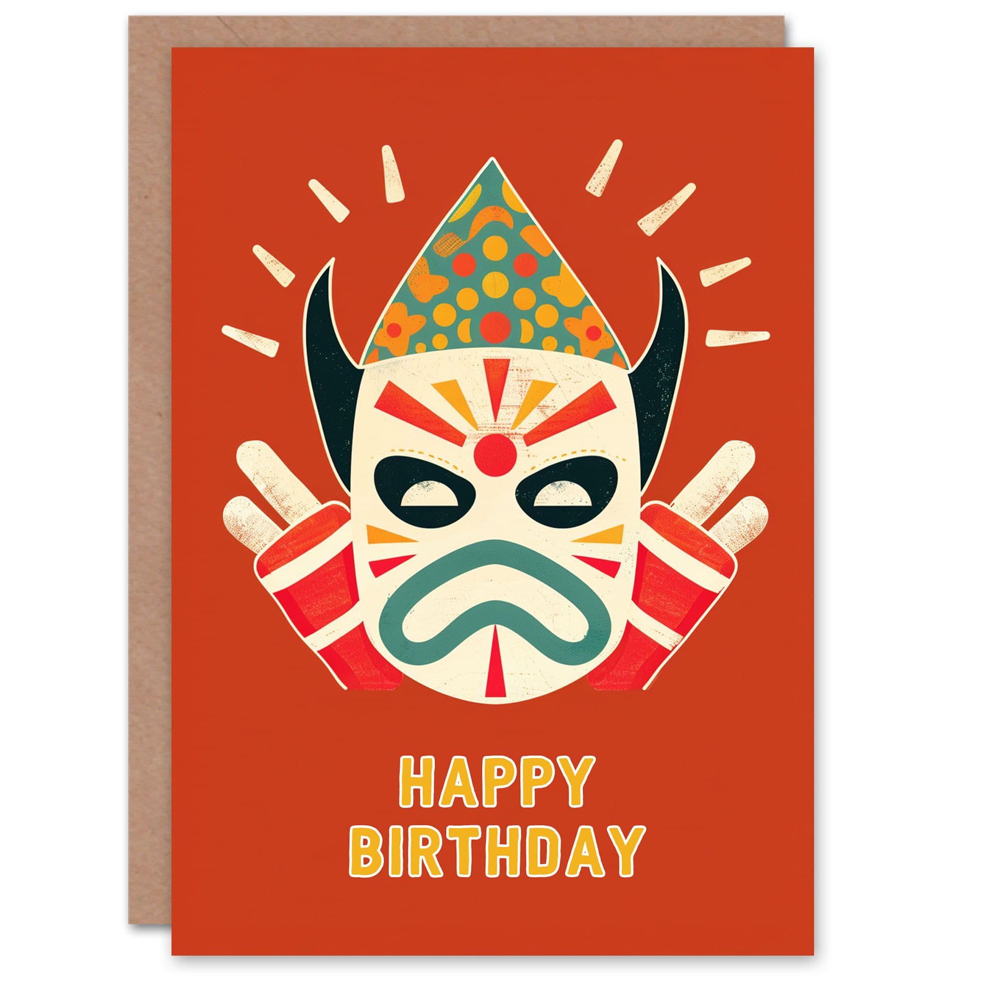 Artery8 Birthday Card Japanese Angry Mask Bold Orange Design For Him Dad Brother Son Papa Grandad Greeting Card