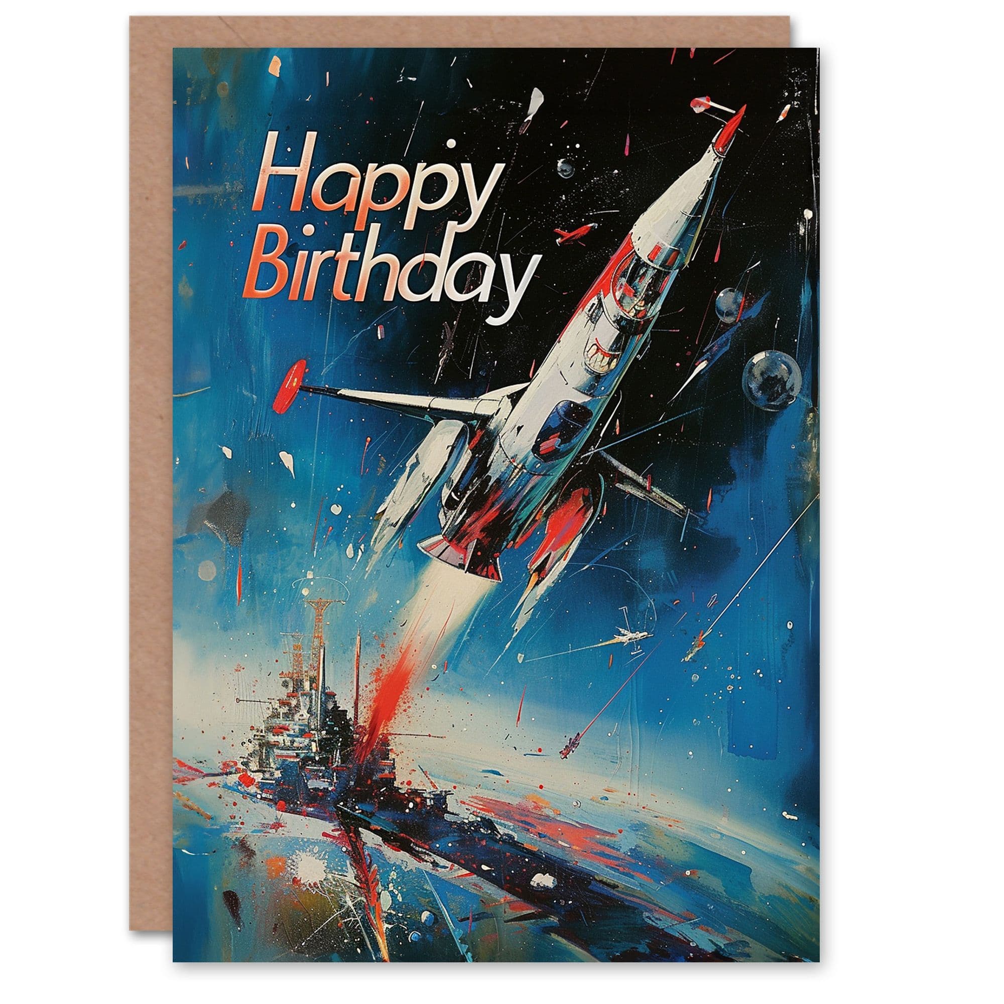 Artery8 Birthday Card Rocket Launch Space Abstract Painting For Him Dad Brother Son Papa Grandad Greeting Card