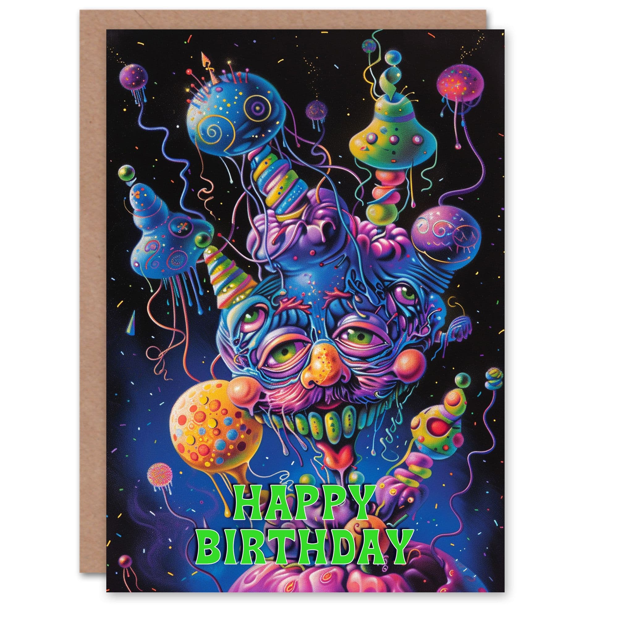 Artery8 Birthday Card Weird Trippy Space Abstract Neon Magic For Him Dad Brother Son Papa Grandad Greeting Card