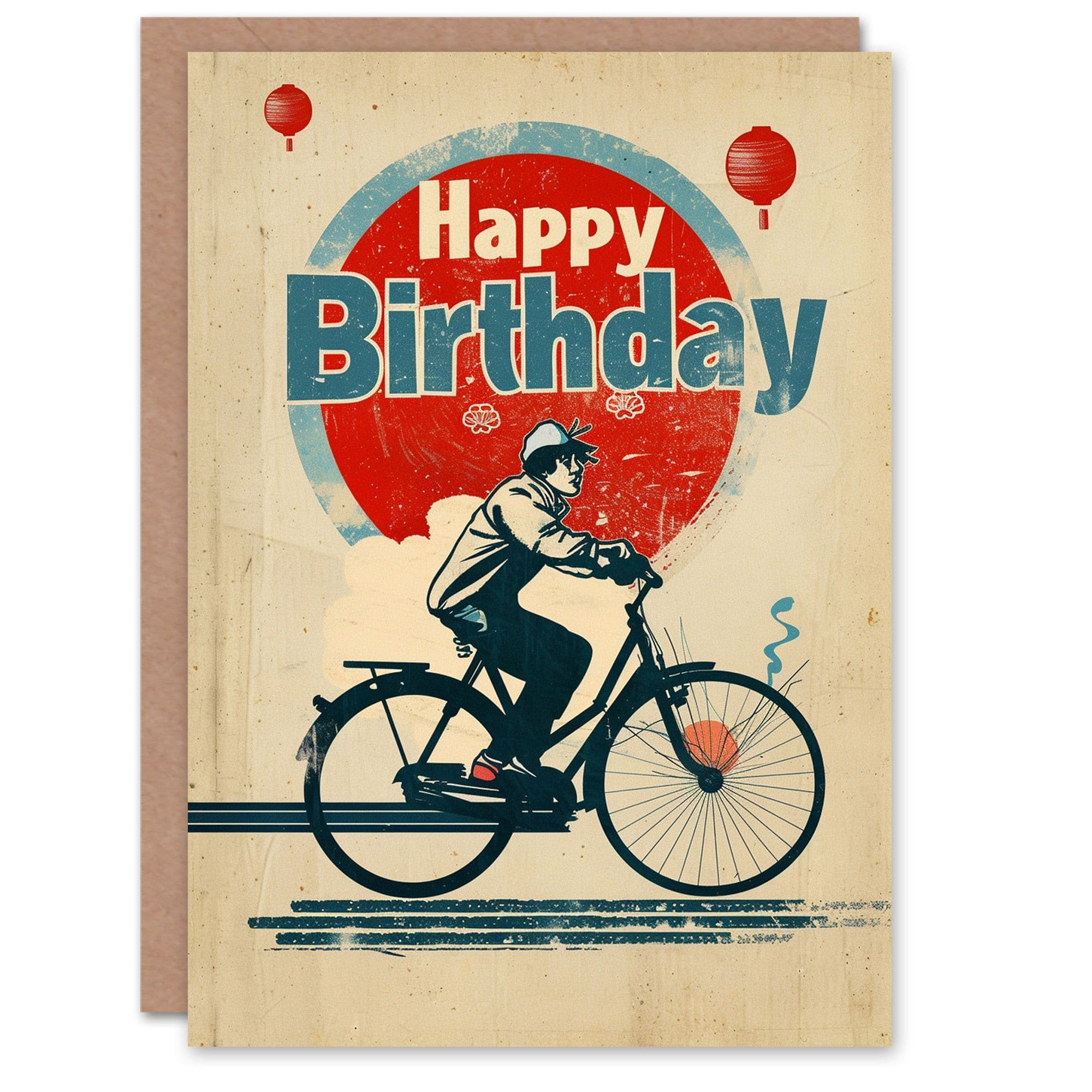 Artery8 Birthday Card Retro Chinese Bicycle Lantern Drawing For Him Dad Brother Son Papa Grandad Greeting Card